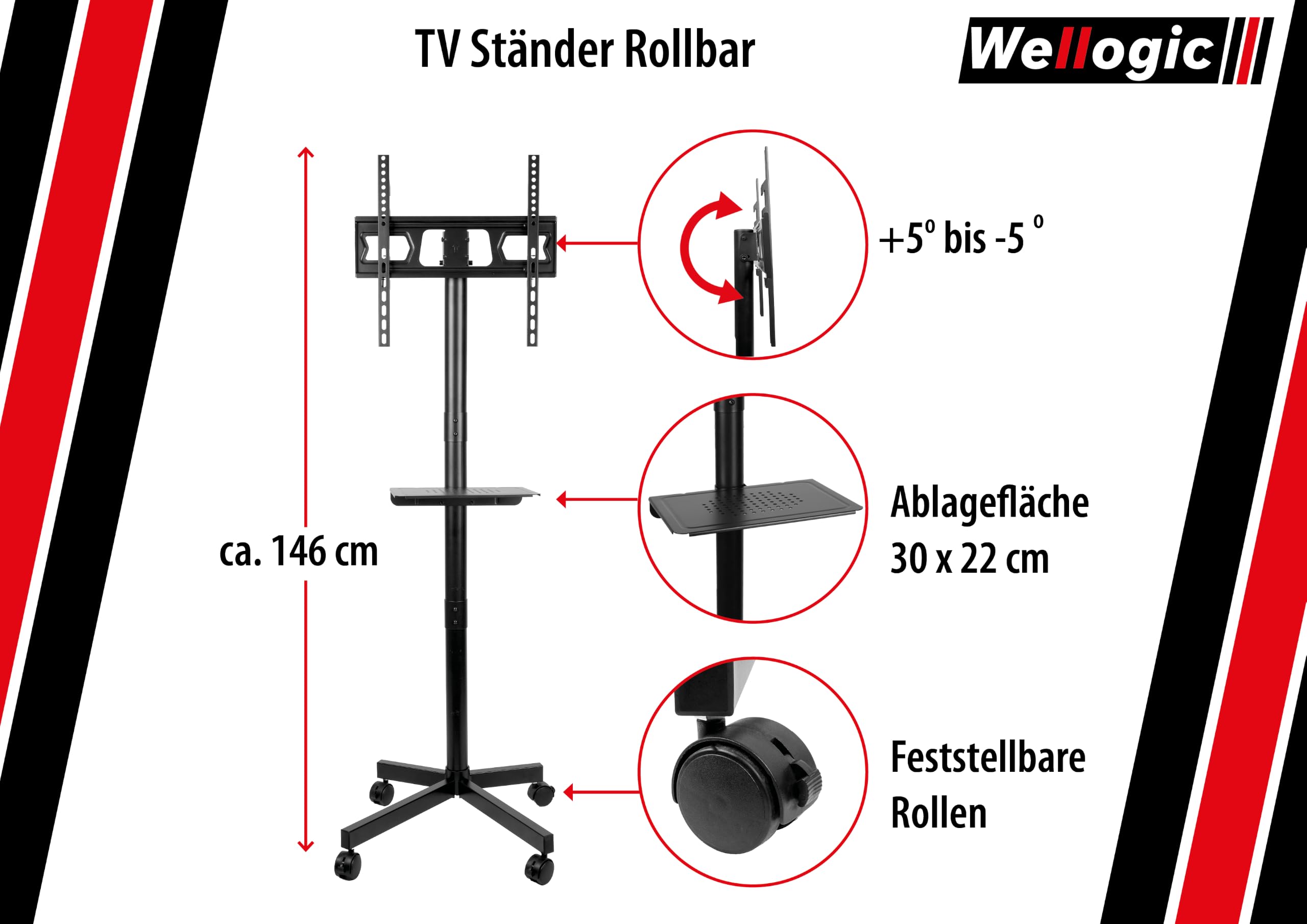 Supporto TV arrotolabile per TV da 26-60 pollici fino a 35 kg, supporto TV regolabile in altezza con ruote, supporto multimediale, inclinabile, universale, VESA 400 x 400 mm, nero