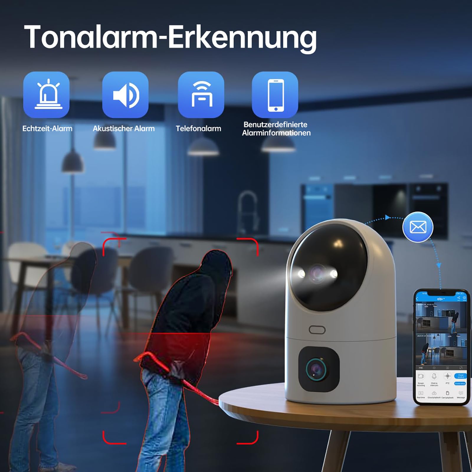 JOOAN 5G Kamera Innen Überwachungskamera hundekamera, Dual-Lens Kamera 360° PTZ Kamera One-Touch-Anrufe,Farbe Nachtsicht,Kompatibel mit Alexa
