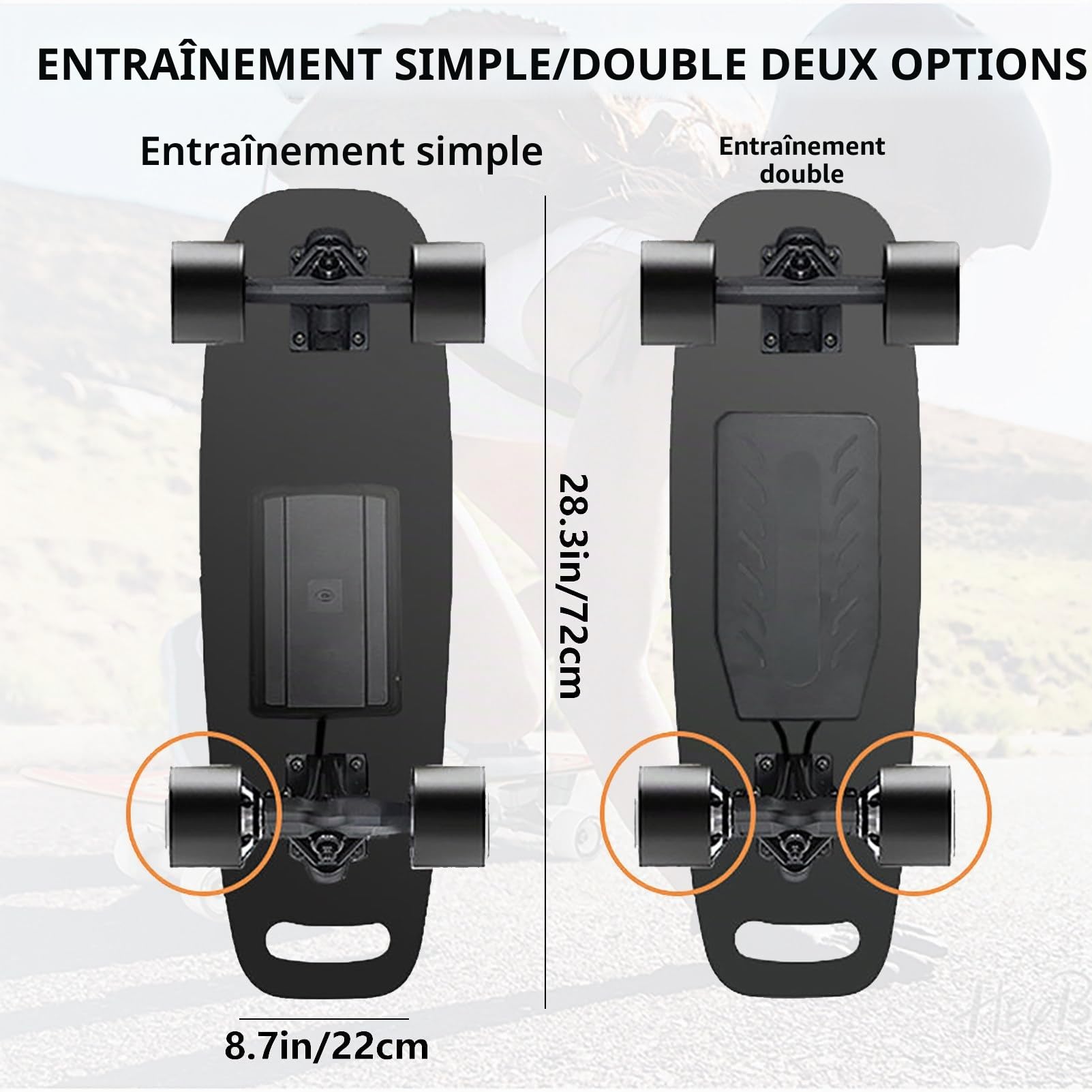 Skateboard Électrique Tout-Terrain pour Adulte Longboard 4 Roues Amortissantes Moteurs Moyeux, Autonomie Simple 8-22 Km, Double Autonomie 15-30 Km, Charge Maximale 100-200 Kg DualDrive-22km