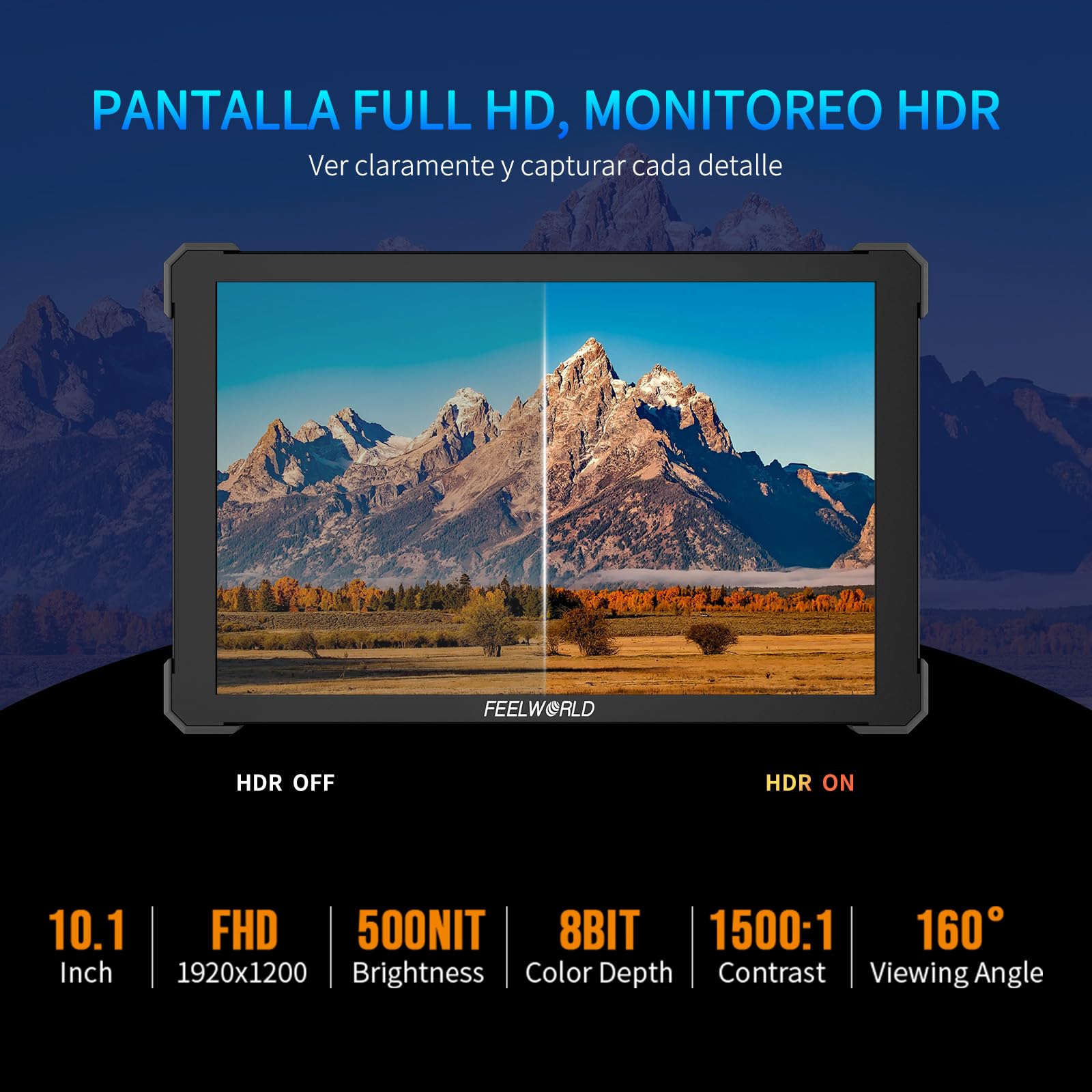 FEELWORLD T10 Pantalla táctil de 10,1 Pulgadas Monitor de Campo de cámara con HDR de Forma de Onda y 3D LUT out Carcasa de Aluminio con diseño de Esquinas Protectoras engomadas
