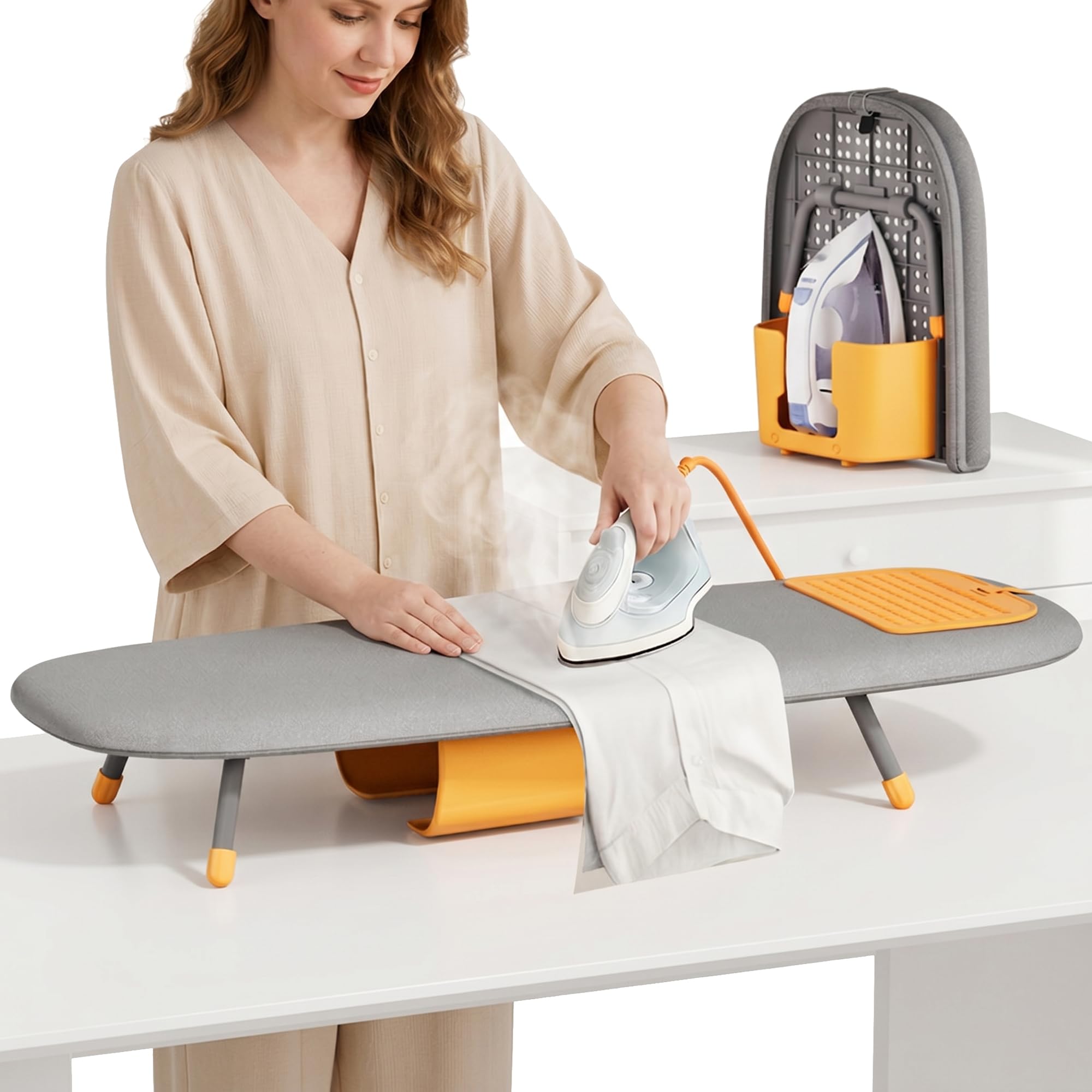 Tischbügelbrett Klappbar Mini Bügelbrett mit Integriertem Bügeleisenfach, Platzsparendes Bügeltisch für Kleine Räume, Kohlenstoffstahl, 84x33x12 cm, Grau