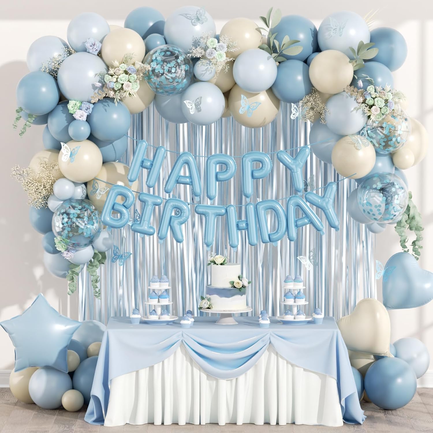 Blue Birthday Decorations for Women with Dusty Light Blue Confetti Sand White Foil Balloons Fringe Curtain Happy Birthday Banner for Birthday Party Decorations