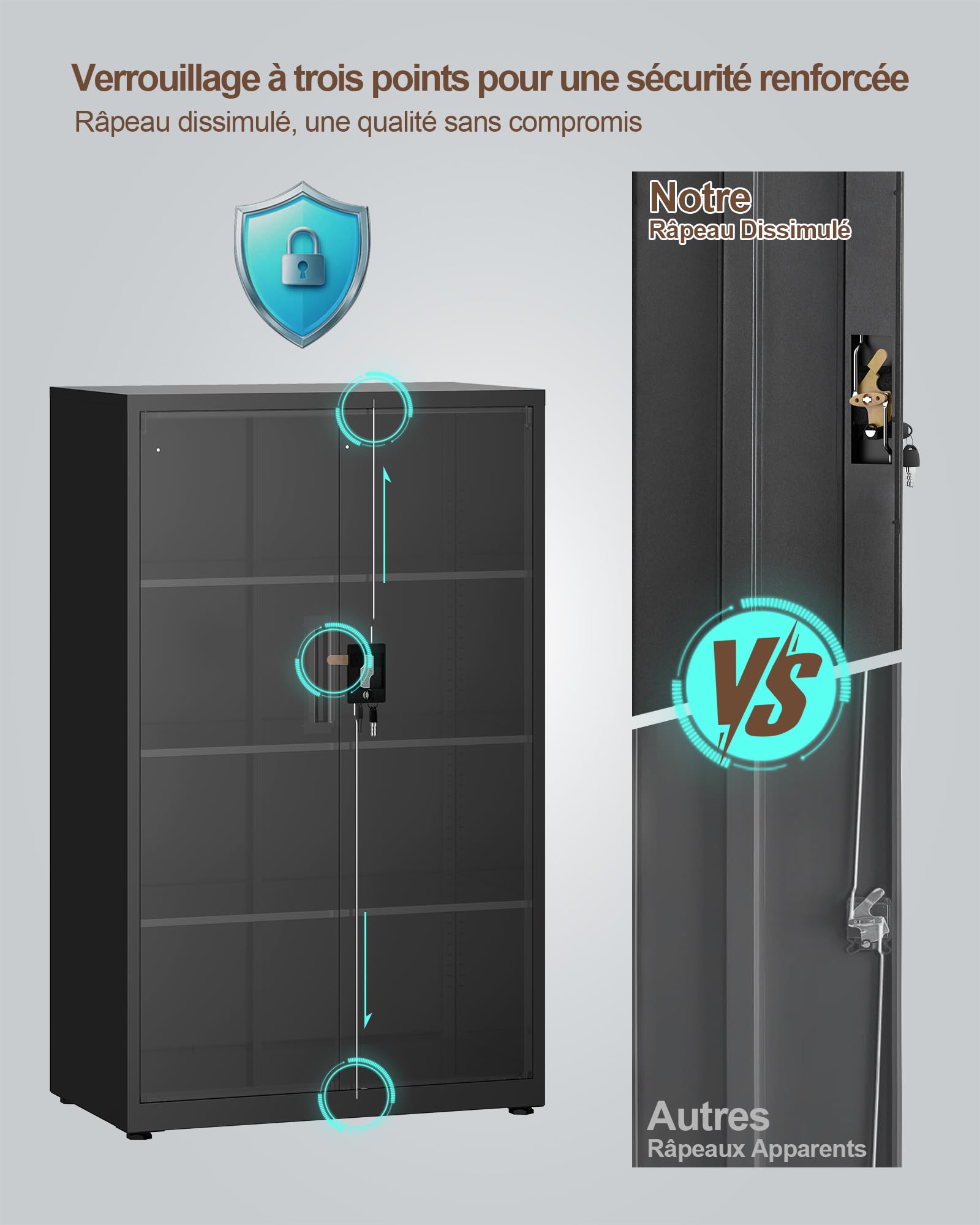 LAND·VOI Armoire en Acier 4 Niveaux avec Serrure Étagères Réglables Portes Battantes Armoire de Bureau Rangement Métallique pour Bureau Garage Cuisine Atelier 80×40×131.5 cm Noir