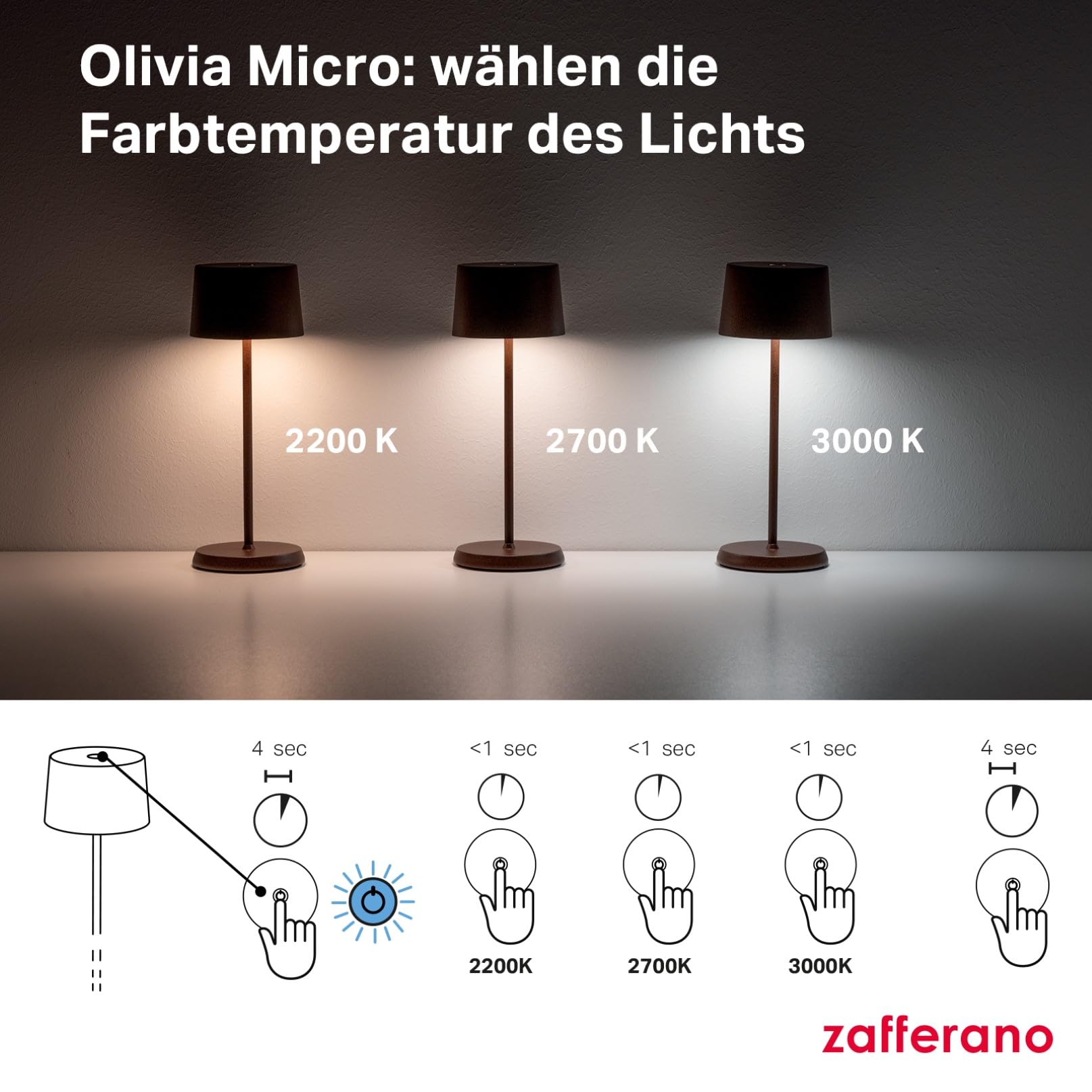Zafferano, Olivia Micro Lampe, Kabellose, Wiederaufladbare Tischlampe mit Touch Control, Auch für den Außenbereich Geeignet, Dimmer, 2200-3000 K, Höhe 20 cm, Farbe Weiß