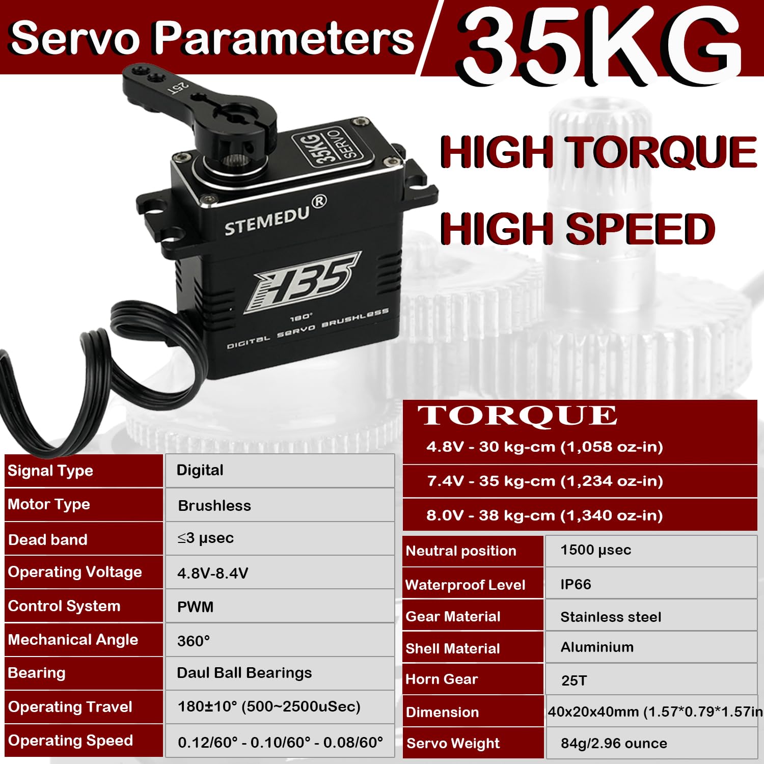 Stemedu 35kg High Torque Digital RC Servo, Waterproof Brushless Motor, Full Metal Case, Steel Geared for 1/8 1/10 Crawler Car, 180° Control Angle