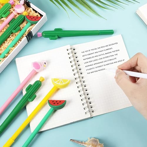 Miniatura 6 de 30 bolígrafos hawaianos Luau de tinta de gel negra de 0.020 in, lindo flamenco, sandía, cactus, limón, fruta, para niños, estudiantes, suministros
