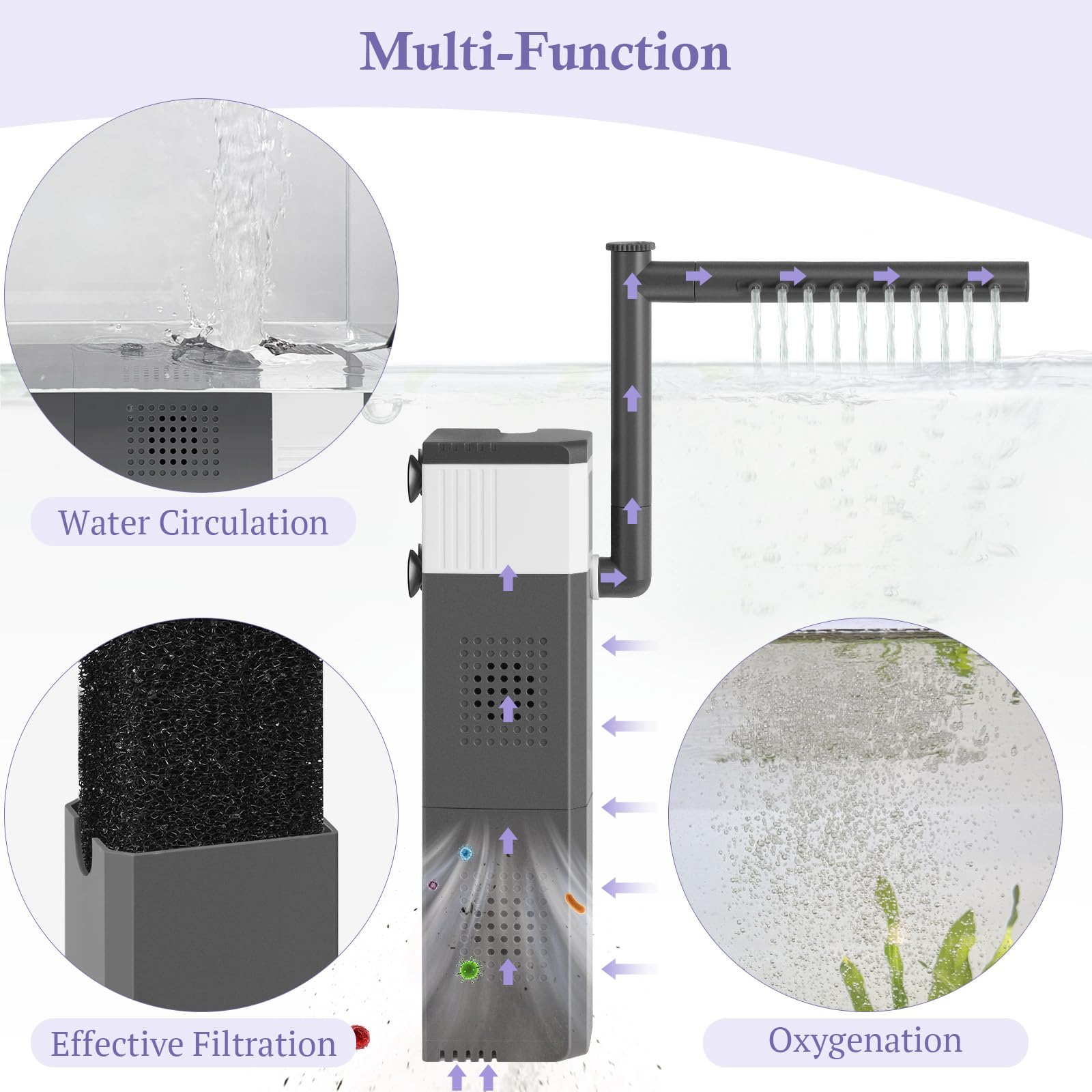Filtro de acuario ultra potente de 15 W 210 GPH para peceras de 15 a 40 galones, filtro ajustable 3 en 1, filtros internos sumergibles para tanques de tortuga/camarón/cría