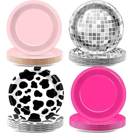 48Pcs Western Cowgirl Party Supplies Cow Plate Paper Plates 7" Hot Pink Disco Dessert Plate