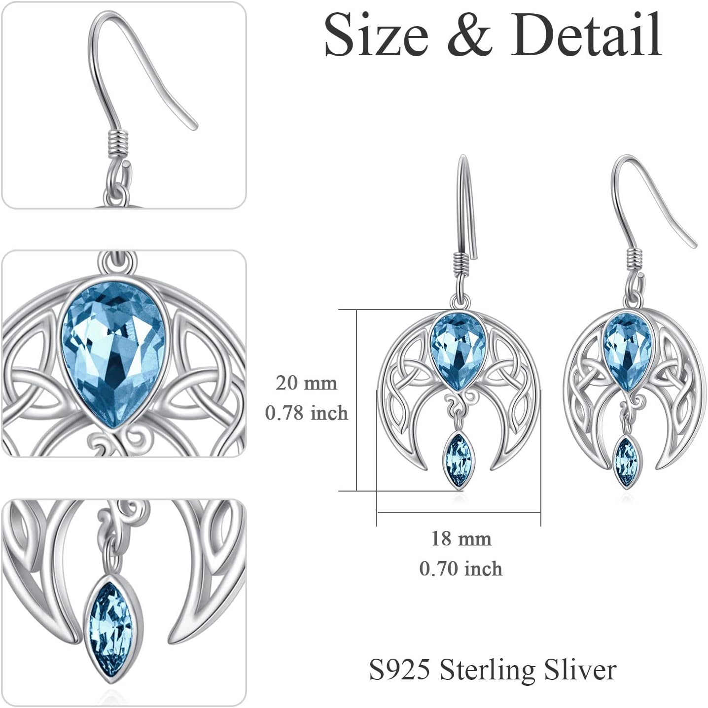 Celtic Moon Earrings 925 Sterling Silver Crescent Moon Leverback Dangle Drop Earrings with Simulated Birthstone Crystals Irish Jewelry Gifts for Women