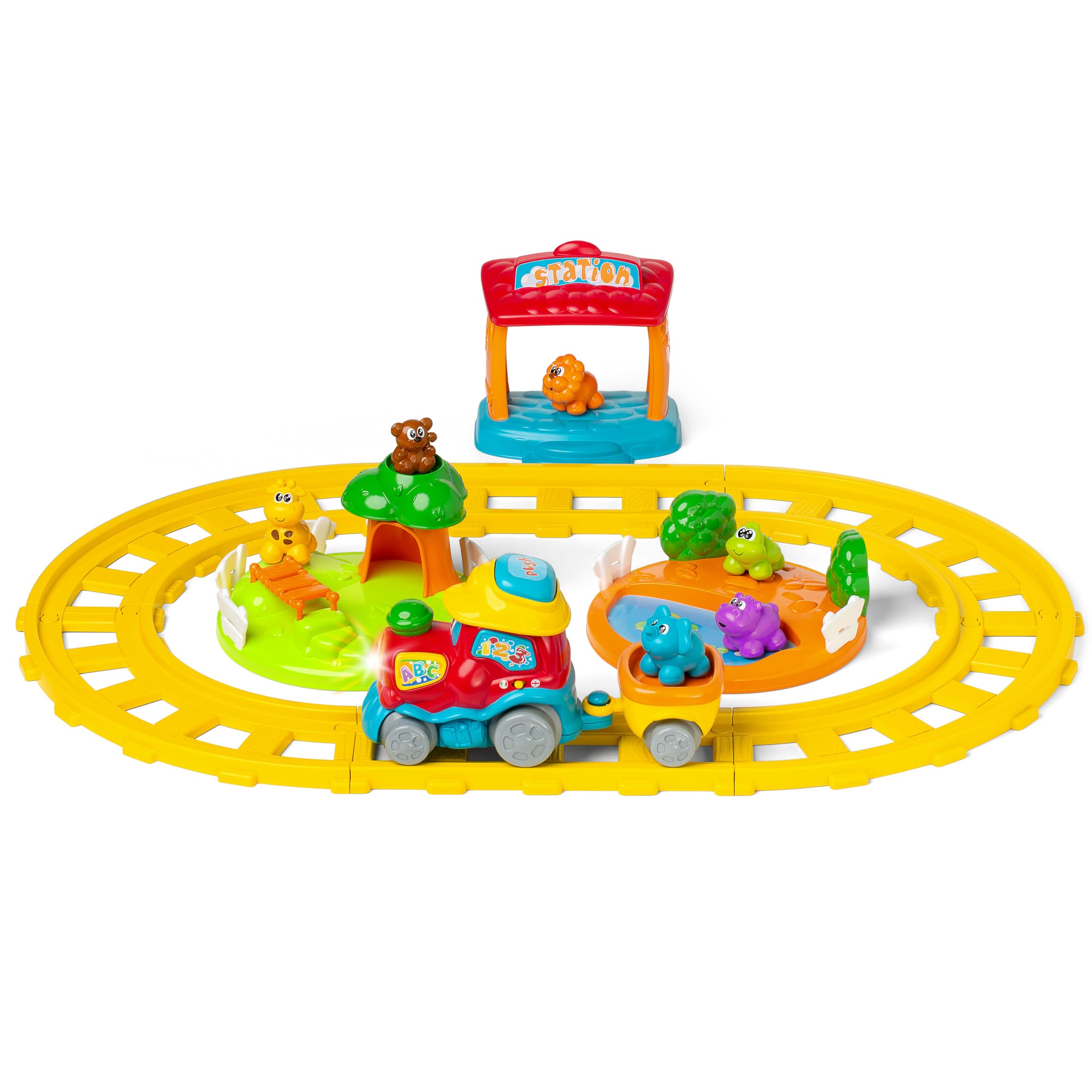 Chicco Treno dell'Avventura Bilingue Italiano/Inglese, Trenino Elettrico per Bambini con Stazione, Ferrovia e 6 Animali, Gioco Educativo Elettronico con Frasi e Canzoni, Giochi Bambini 1-4 Anni