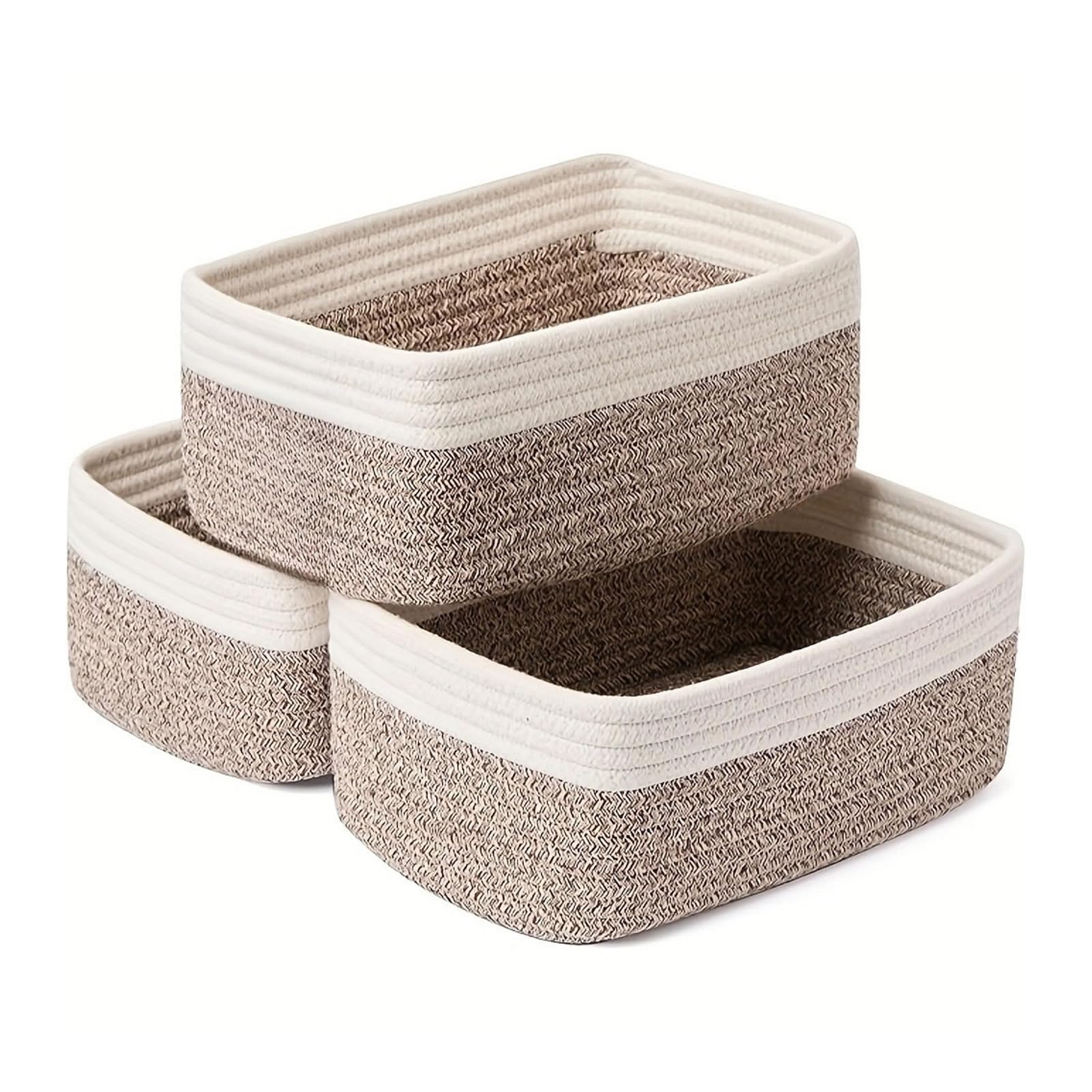 Storage Baskets 3 Pack, Cotton Rope Basket with Handles, Woven Storage Baskets, Small Rectangular Basket for Bathroom Towels, Nursery, Toys, Dog Toys, White Brown, 30 x 19 x 12 cm