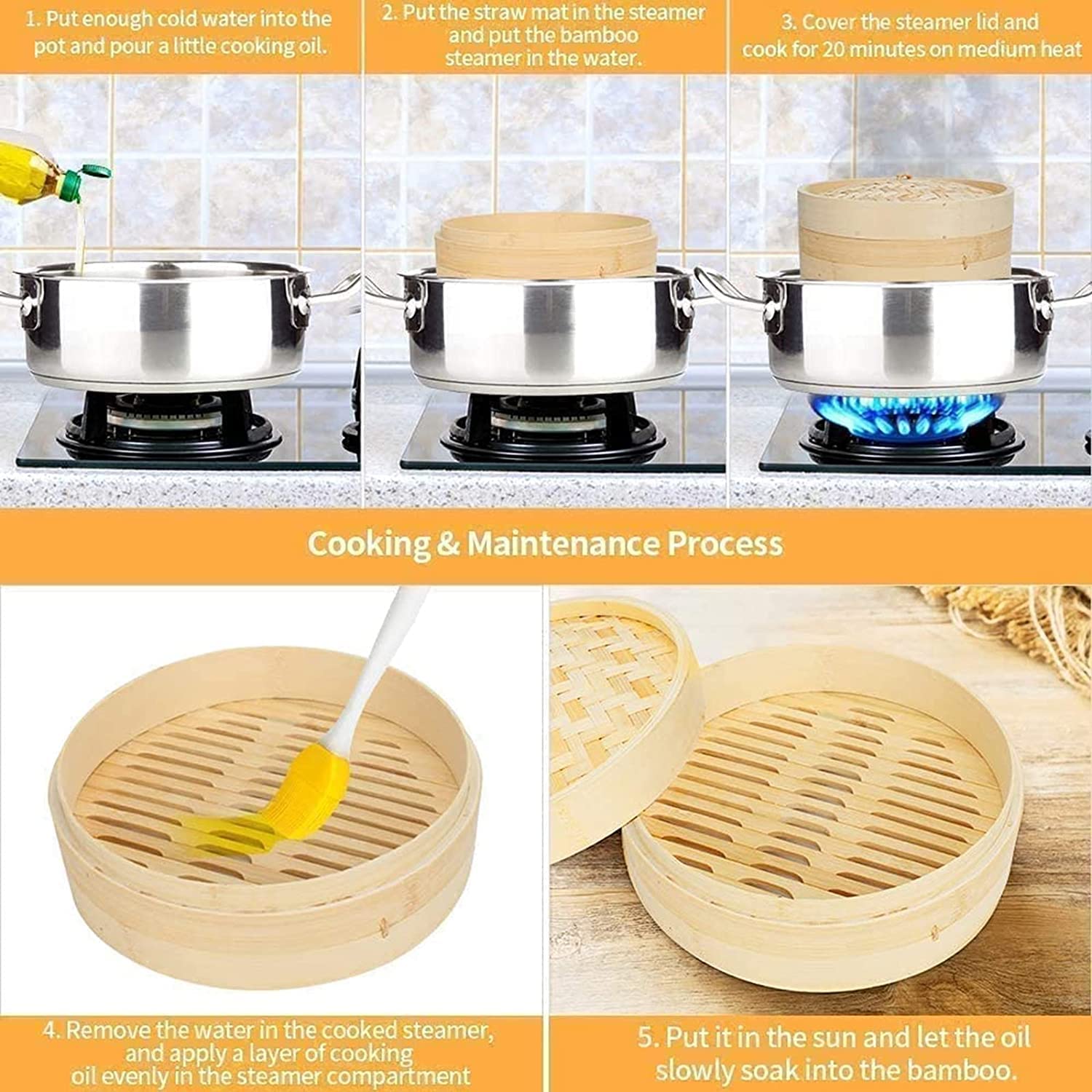 Cestino a vapore in bambù multiuso, cestino tradizionale cesto di piroscafo cinese con coperchio e cestino a vapore a 2 livelli per cucinare il riso per carne di verdura di verdure gnocchi,18cm