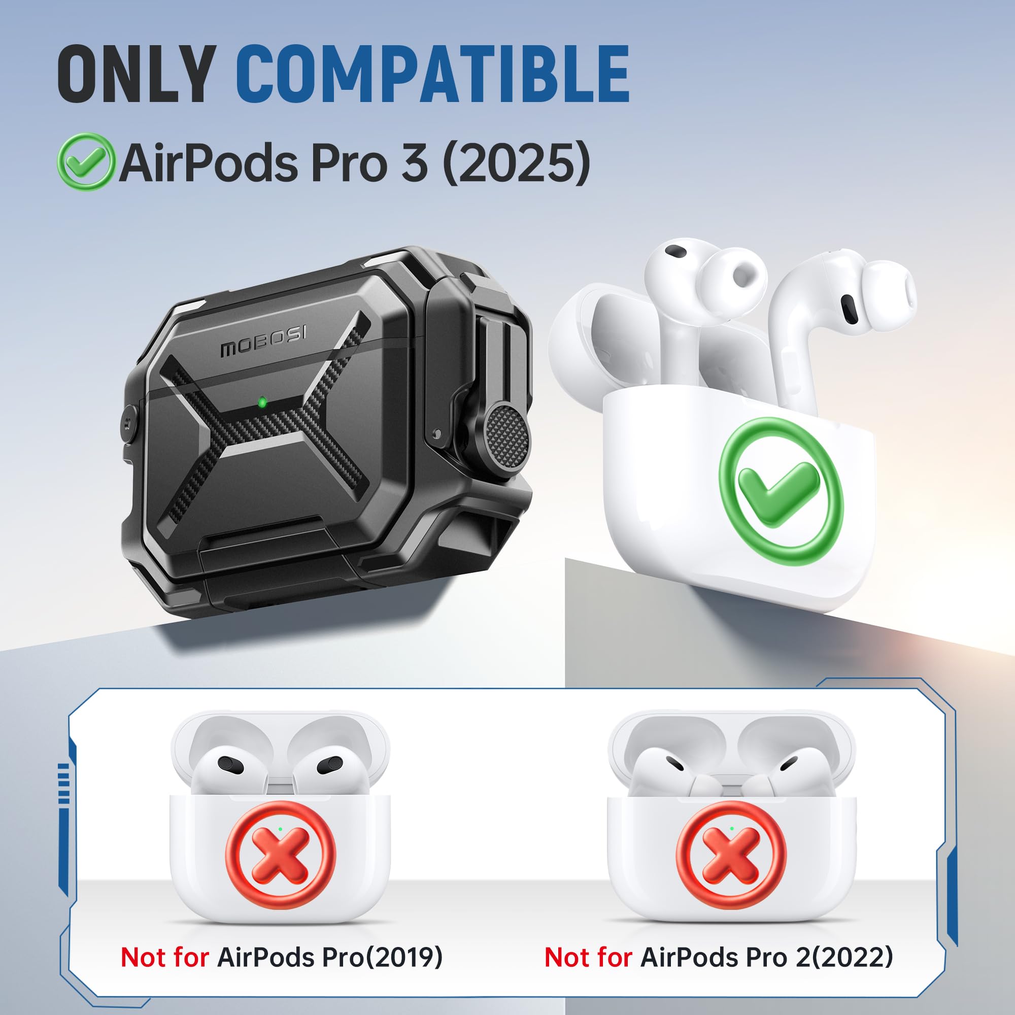 MOBOSI Schutzhülle für AirPods Pro 3 IP68 wasserdichte Hülle Kompatibel mit MagSafe,Militärschutz Stoßfest Case Hülle mit Schloss,Schlüsselanhänger,Handyhalterung für AirPods Pro 3(2025),Schwarz