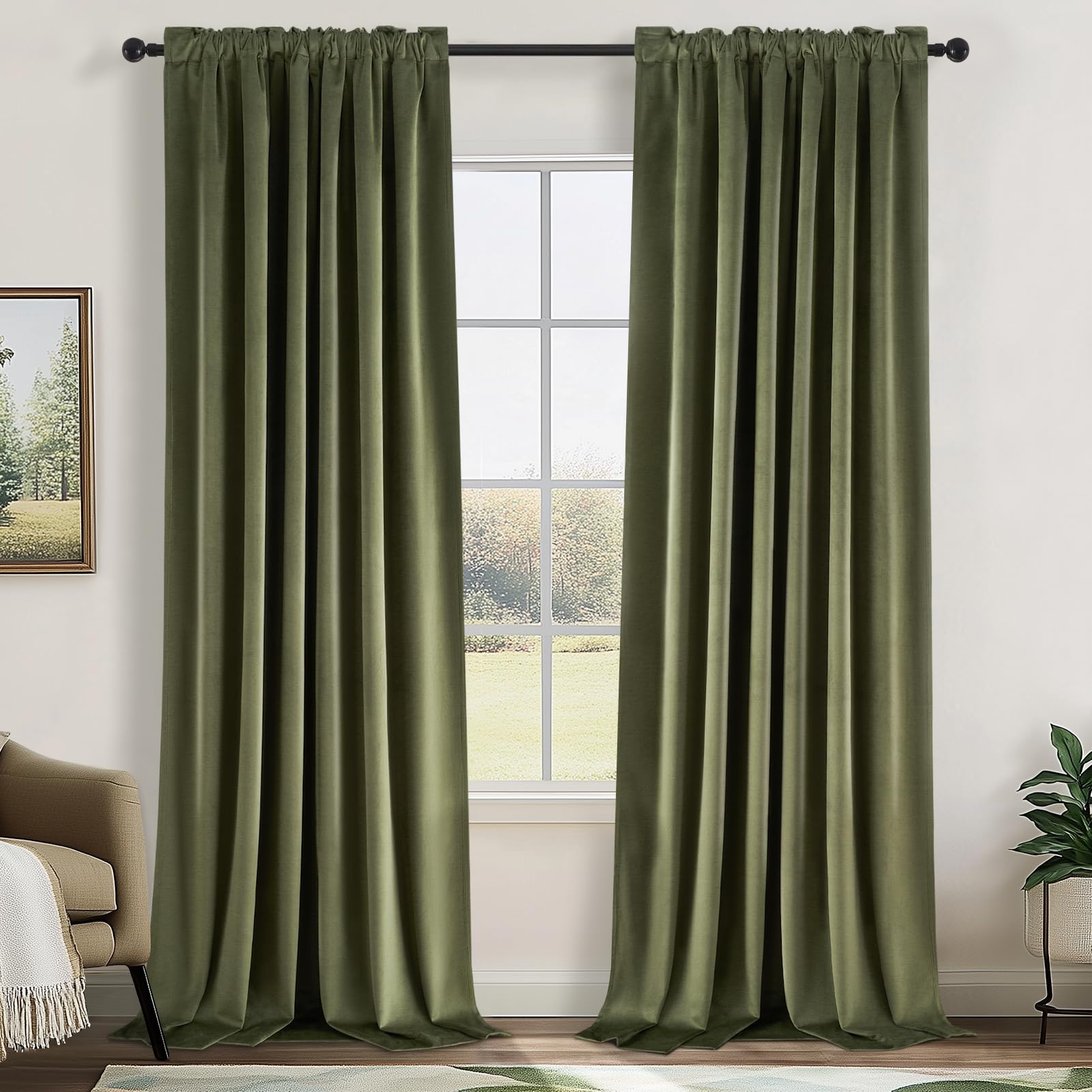 Topfinel 92 Inches Long Custom Olive Green Velvet Curtains for Living Room, Room Darkening Rod Pocket Boho Insulating Decorative Mid Century Modern