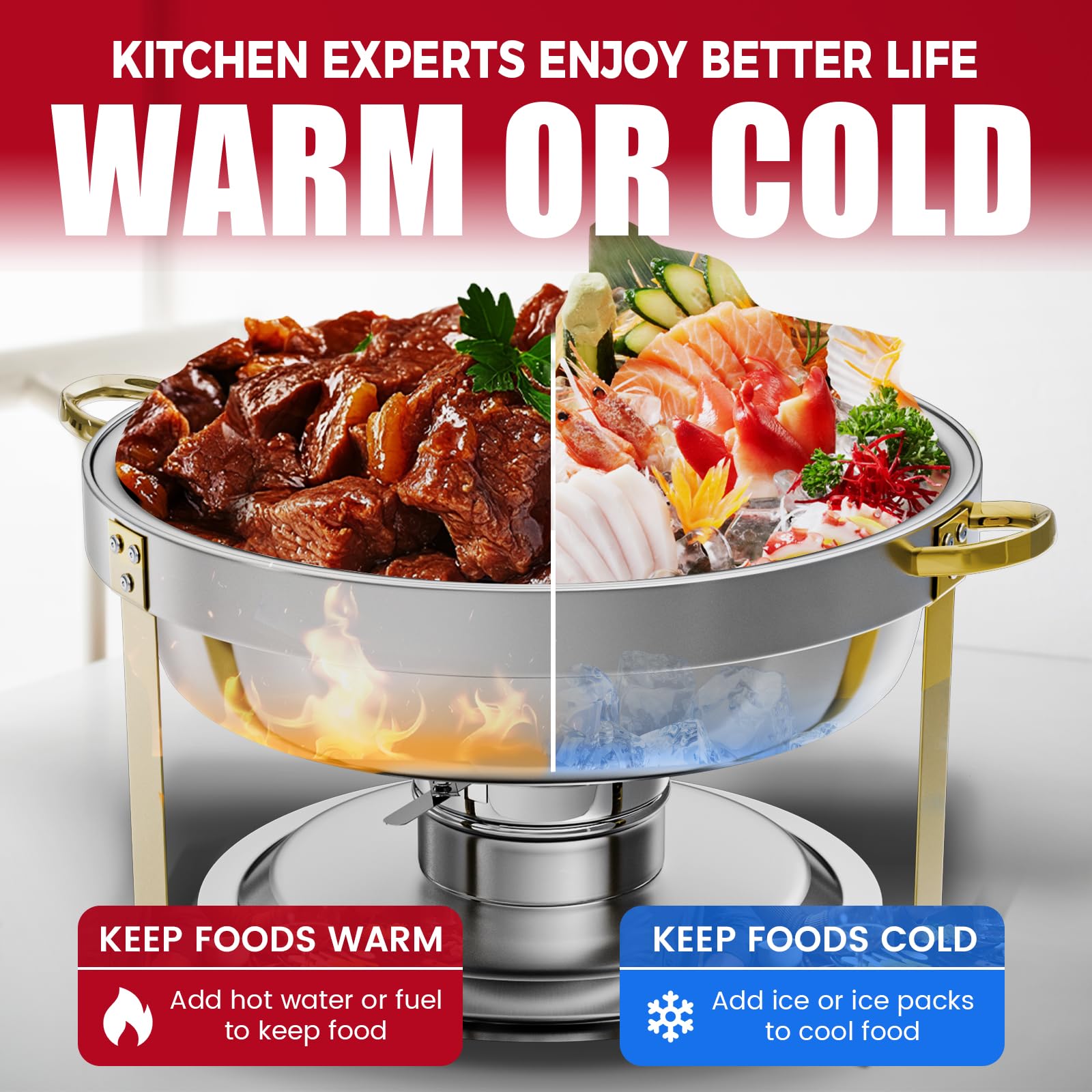 IMACONE Juego de 4 platos de roce redondos de acero inoxidable de 5 cuartos para catering, fogatas mejoradas y calentadores de buffet con bandeja de alimentos y agua, tapa, marco dorado, soporte de