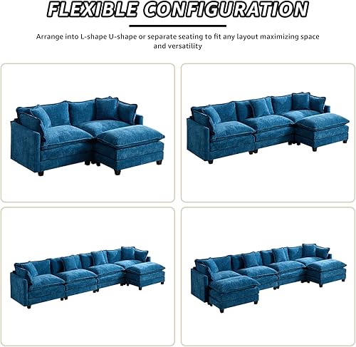 Miniatura 6 de Sofá modular modular de felpilla azul de 78 pulgadas para sala de estar, sofá modular de dos plazas para sala de estar, 1 otomano, sofás para sala,