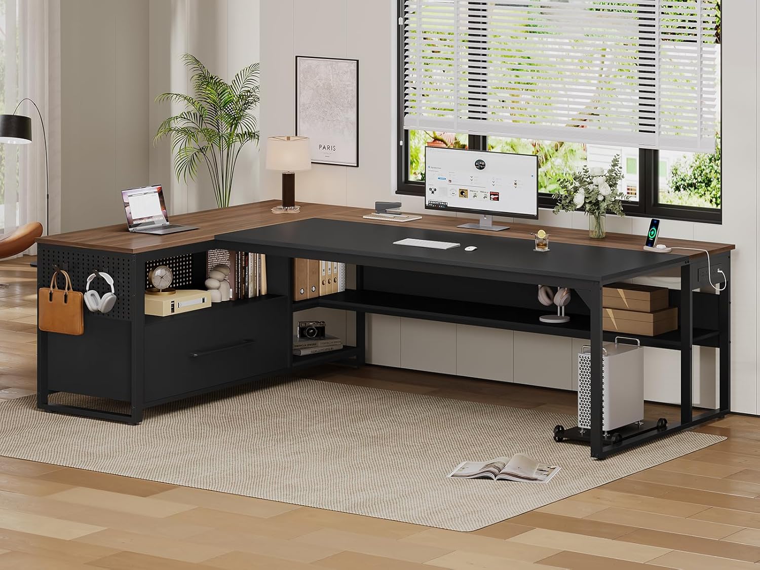 71" Executive Desk, Large Office Desk with Widen File Drawers & Power Outlets, Reversible L Shaped Computer Desk Corner Desk with Storage Shelves, CPU Stand, Hooks, Business Furniture (Walnut)
