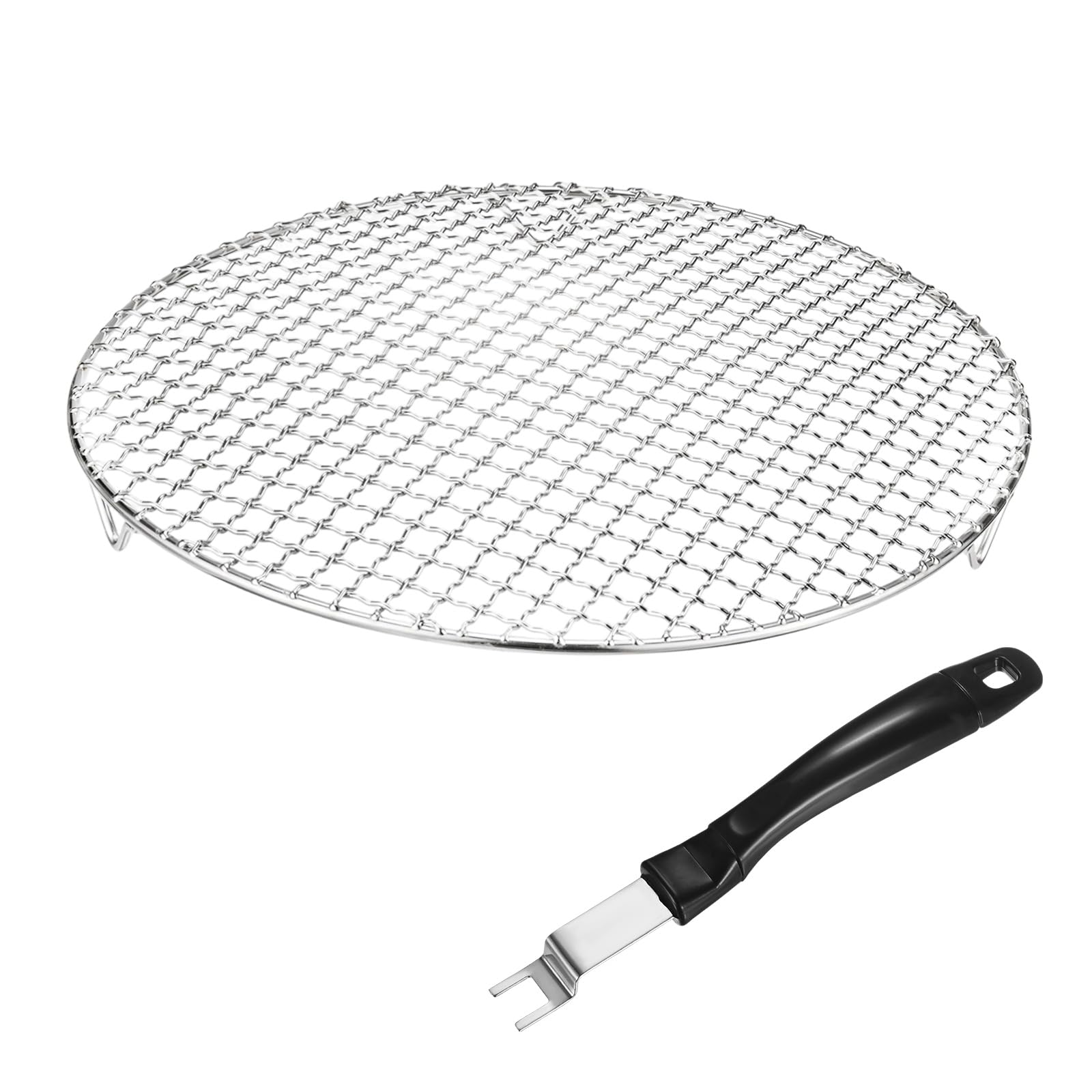 M METERXITY 2 Pezzi Griglia di Raffreddamento, 13" Tondo 201 Acciaio Inox Griglia da Forno con tenaglia Sollevatrice per Grigliatura/Cottura/a Vapore/Forno, Griglia a Fili Incrociati [Argento]