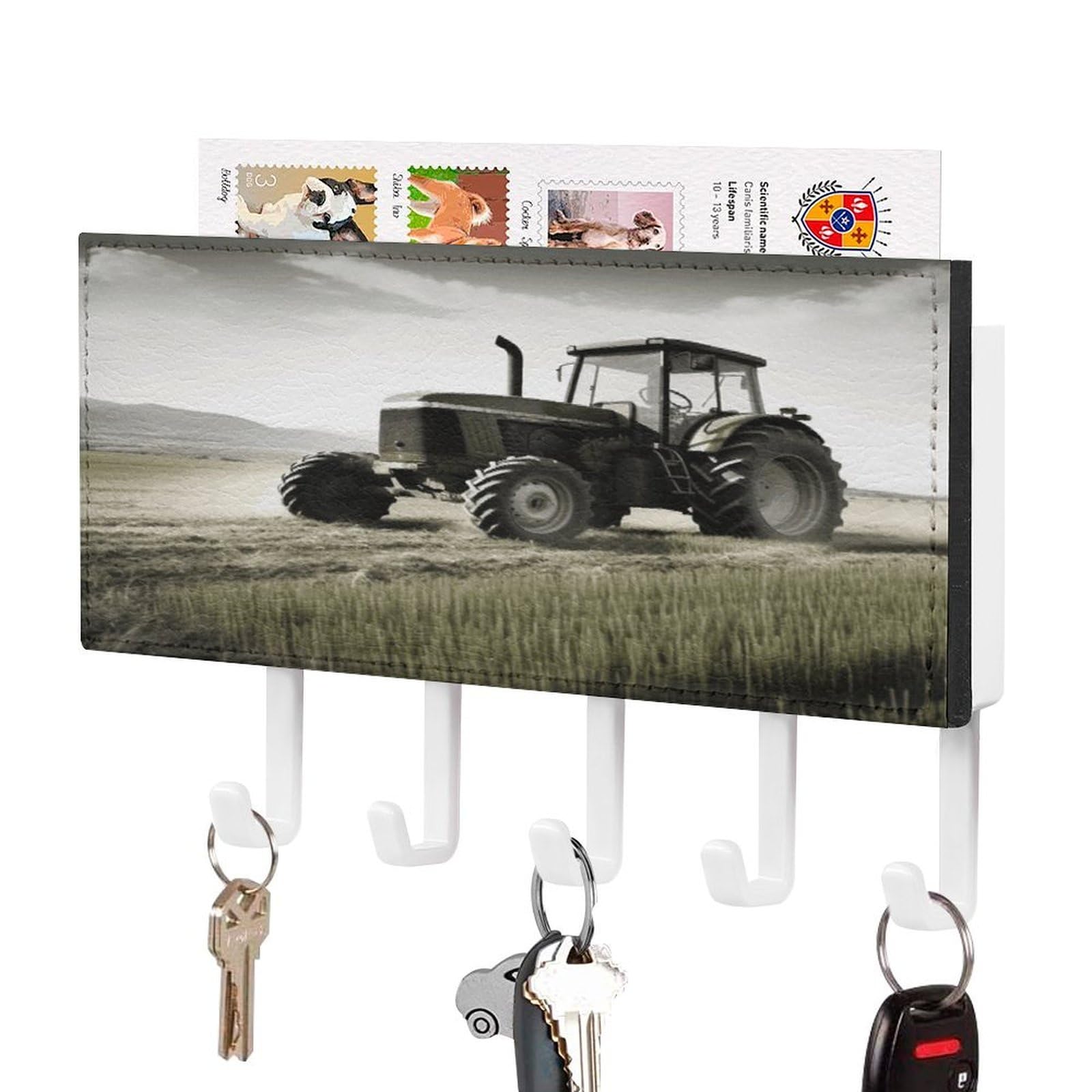 JTREHY Tractor Agriculture Tranquil Key Holder Wall Mount Decorative Key and Mail Holder PU Leather Adhesive Key Organizer Hanging Key Hooks Wall Shelf with 5 Hooks for Entryway Hallway Office
