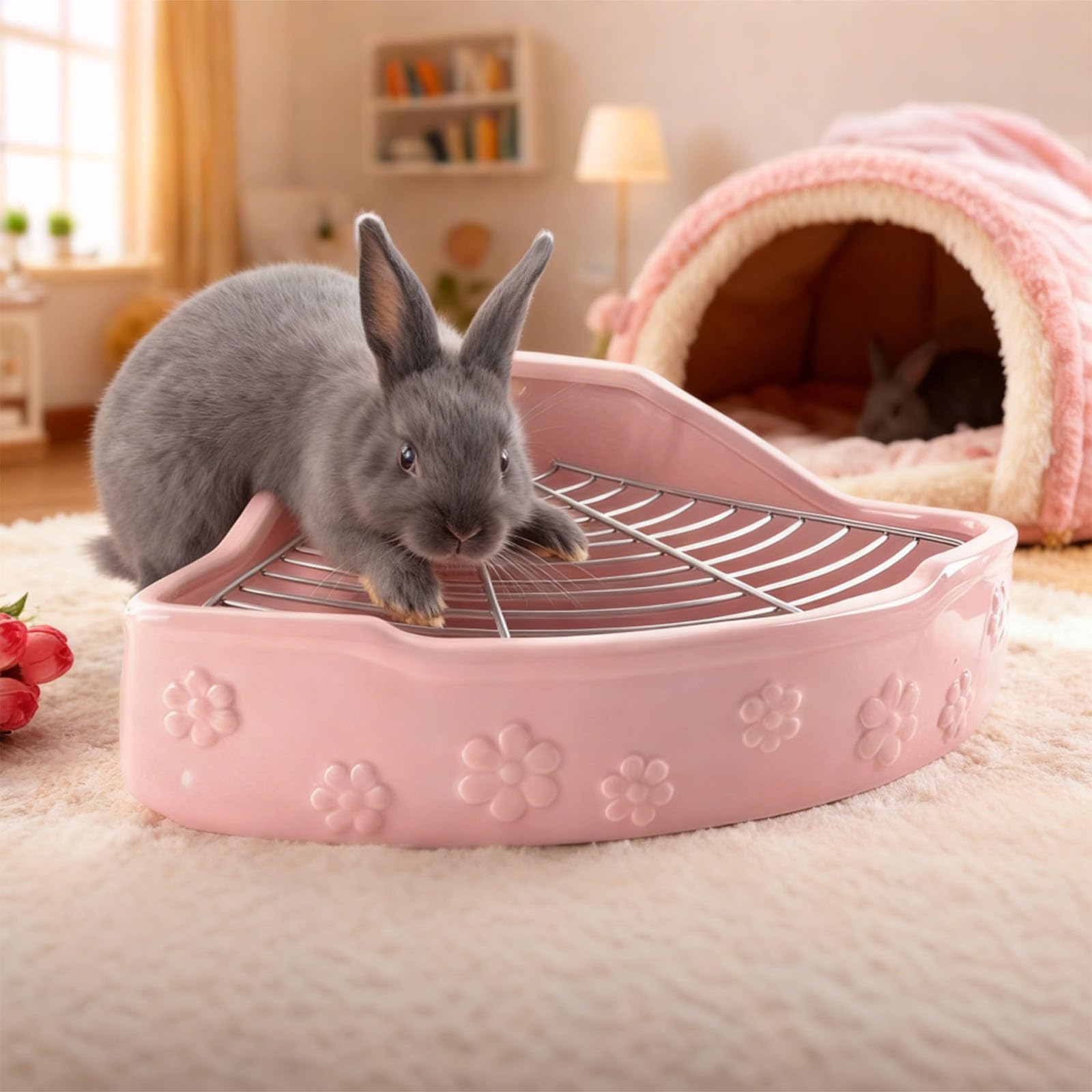 Caja de arena esquinera grande de cerámica para cobayas, conejo, chinchilla, 12.6 x 9.4 x 4.3 pulgadas, caja de entrenamiento con patrón de flores rosas con rejilla de metal, fácil de limpiar