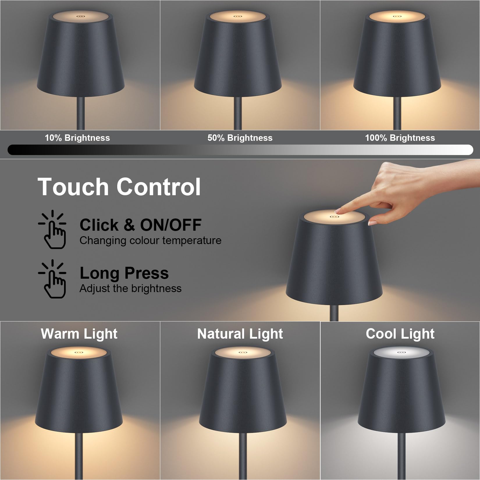 Lampada da terra a LED con batteria, lampada da terra dimmerabile, piantana da terra senza fili ricaricabile, adatta per interna ed esterna, soggiorno, balcone, ecc. Antracite