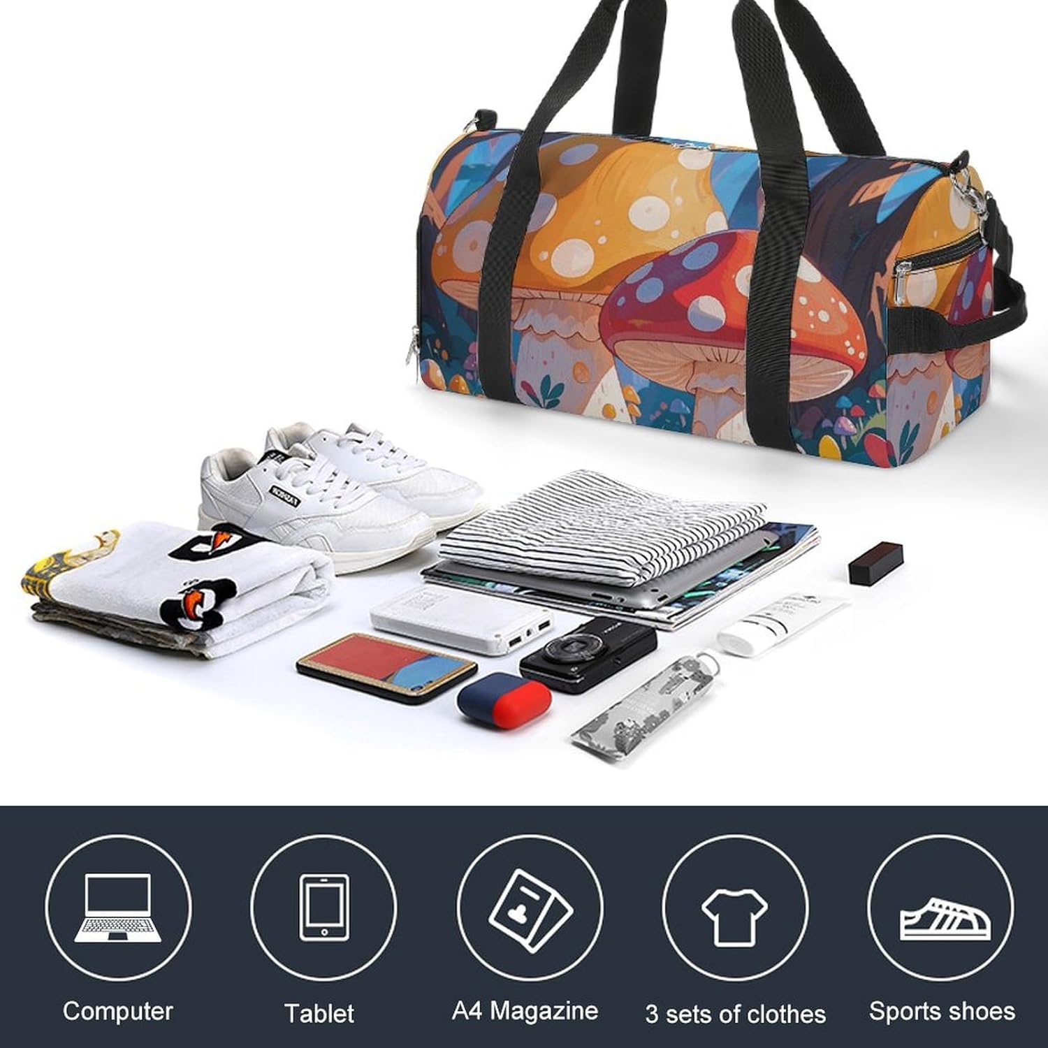 Gym Bag for Men Travel Duffle Bag Cartoon Mushroom Forest Tote Bag Weekender Duffel Bag Weekender Bag for Sports