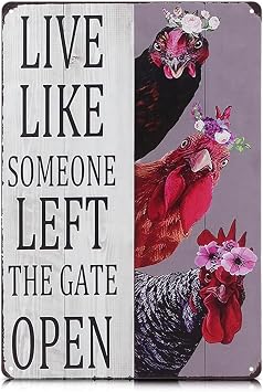 Metal Funny Chicken Coop Signs for Outside 8x12 inch - Live Like Someone Left The Gate Open Sign Rustic Tin Farmhouse Wall Art and Vintage Chicken Decor for Kitchen, Porch, Barn, Backyard, or Garden