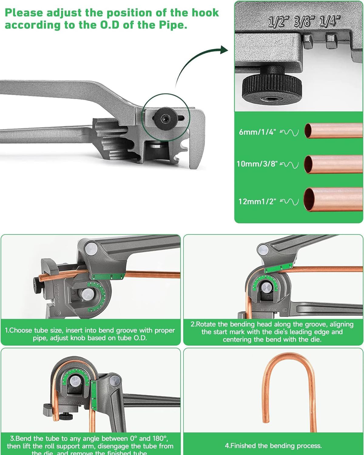 Tube Bender, Pipe Bender, 1/4” 3/8” 1/2” (6/8/10mm) O.D. 3 in 1 Tubing Bender 180° HVAC Copper Aluminum Tubes Bending Tool for Air Conditioning Refrigeration Repair Refrigeration Tool