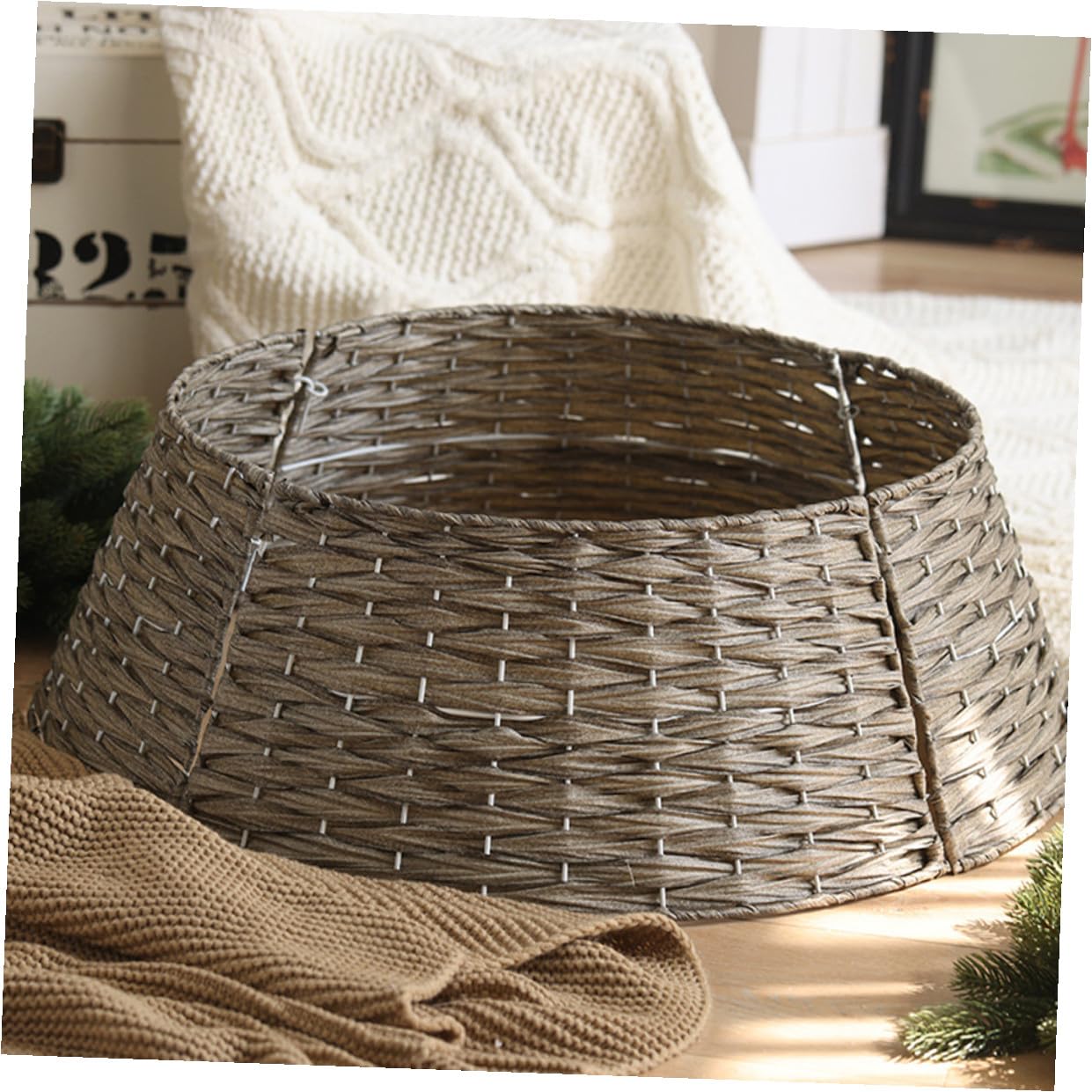ULTECHNOVO Base Albero Natale Gonna Intrecciata in Rattan Grigia Piccola Copri Piede per Alberi Artificiali Decorazioni Natalizie per Ambienti Interni Festivi