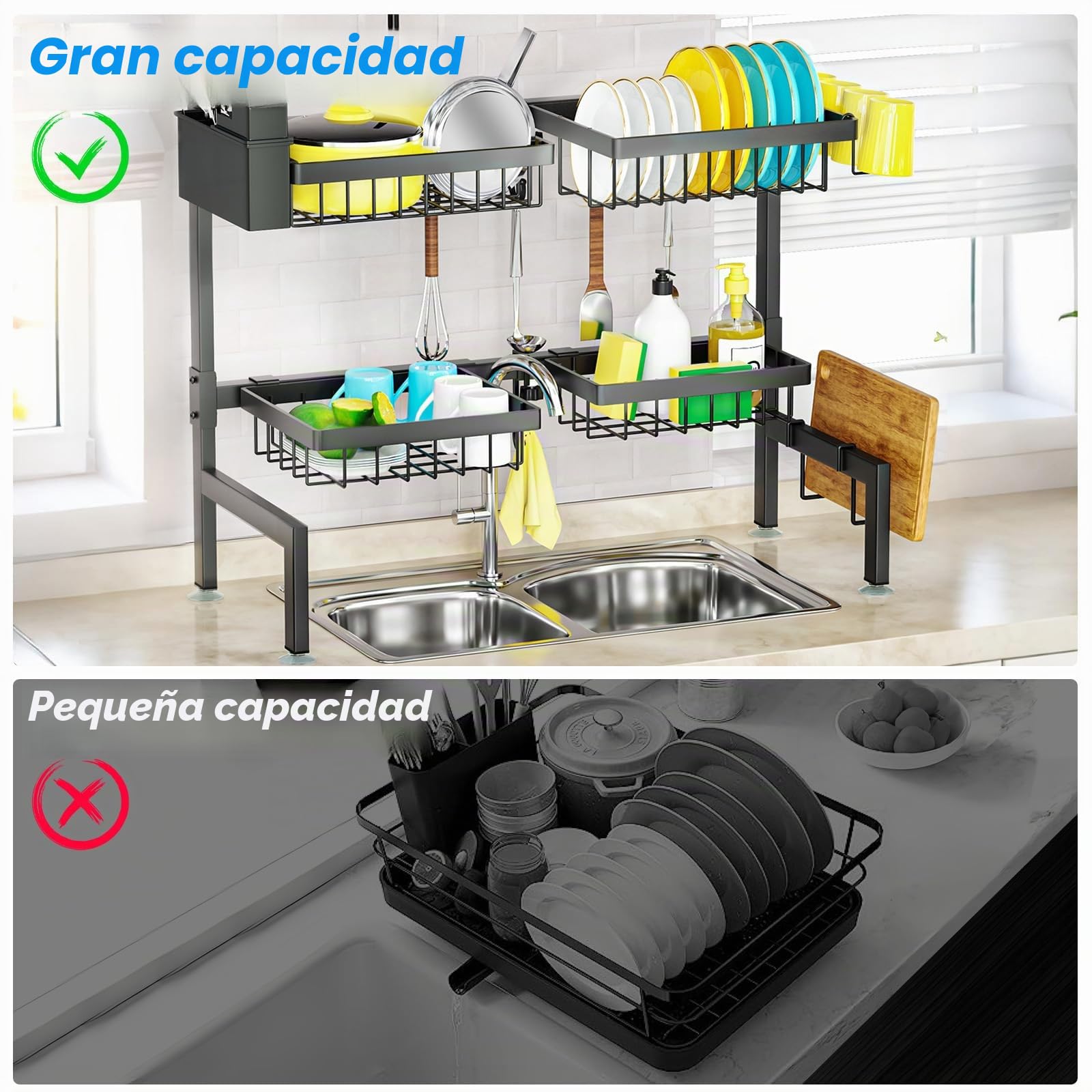 SNSLXH Escurridor de Platos de 2 Niveles, 4 cestas sobre el Fregadero, 67.5 cm-89.9 cm, Estante Grande para Fregadero para Cocina, Extensible y Ajustable, Ahorra Espacio en la Cocina