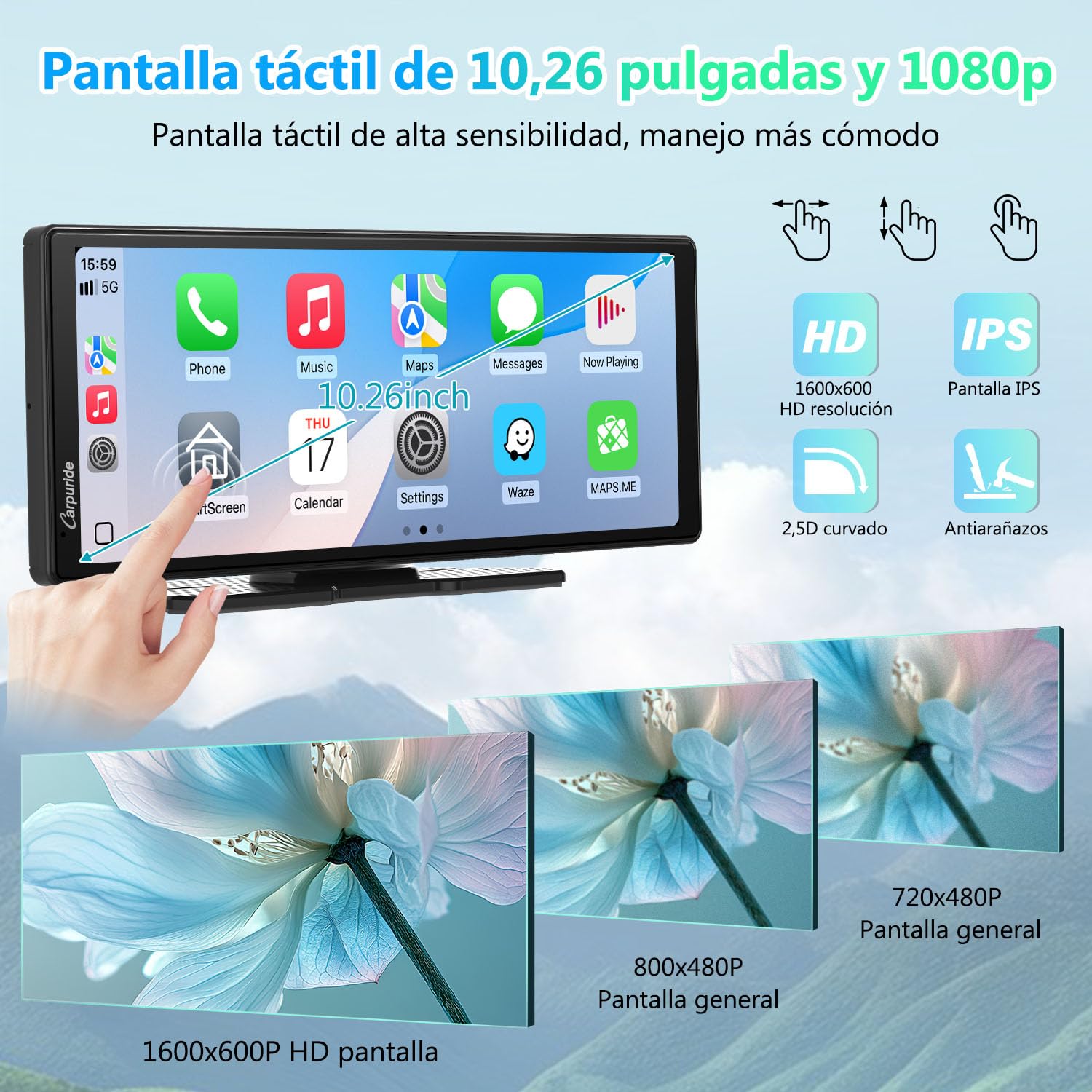 Carpuride V92 - Estéreo portátil para Coche, inalámbrico Carplay y Android Auto, 10,26 Pulgadas 1080P HD Pantalla táctil Radio con BT 5.0, Soporte de Enlace de Espejo para camión RV Dash Mount