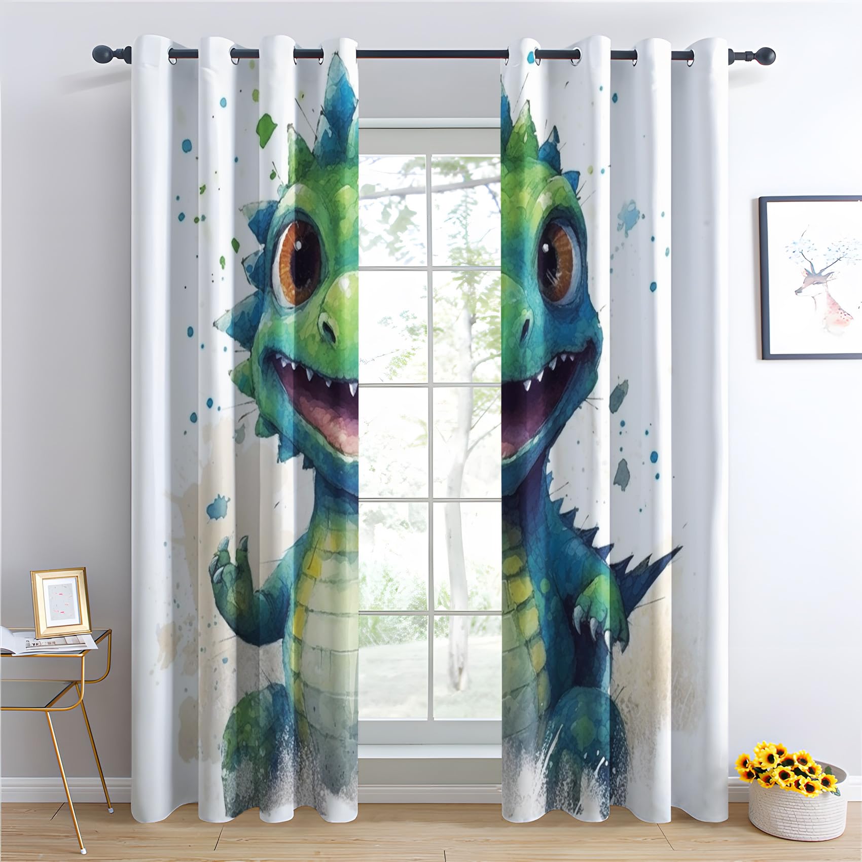 Rideau Occultant Enfants Dinosaures, Garçons Enfants Motif Rideaux Thermiques à Oeillets, Rideaux Imprimé pour Salon Chambre Fenetre Moderne Décoration, 117x137 cm (L x H), Lot de 2