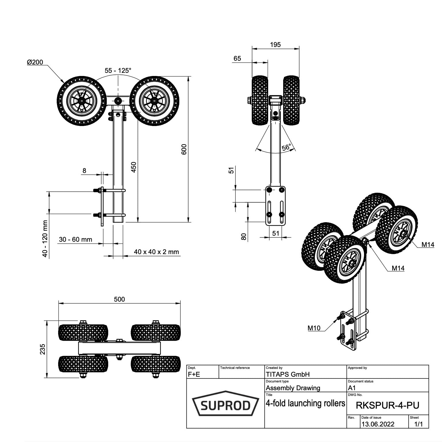 SUPROD Sliprollen Slipwagen Sliphilfe Bootstrailer PU-Reifen Ø 200 mm