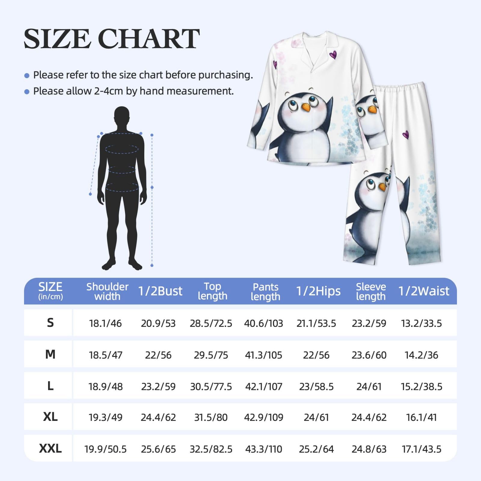 Męska piżama z nadrukiem "I Love Penguins", miękka piżama z długim rękawem dla mężczyzn zapinana na guziki bielizna nocna salon piżamy zestaw z kieszeniami