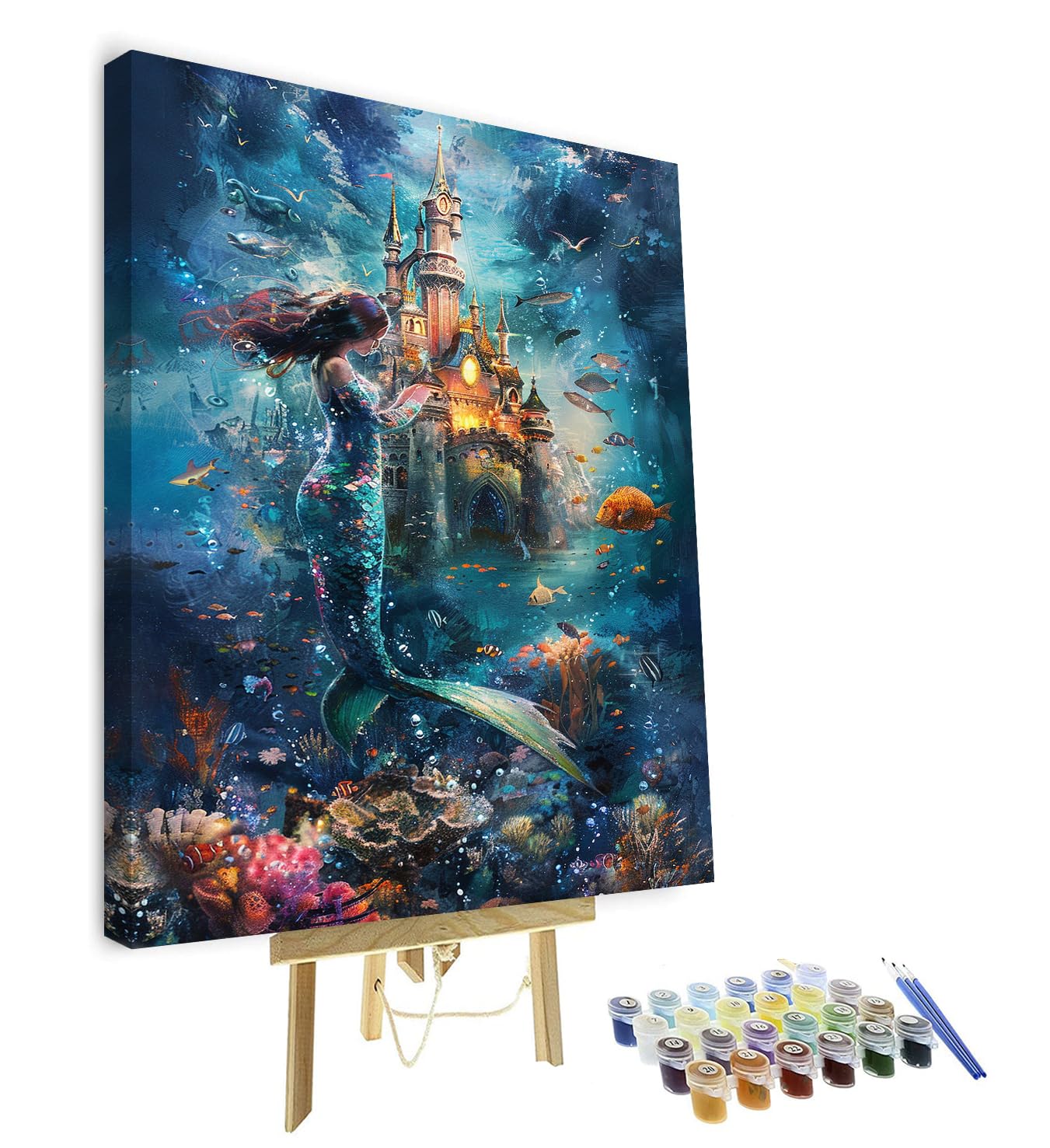 TISHIRON Paint by Numbers Beautiful Mermaid, Amazing Underwater Castle Paint by Number for Adults, Abstract Easy Paint by Numbers Kit for Adults Kits on Canvas 16x20inches (with Frame)
