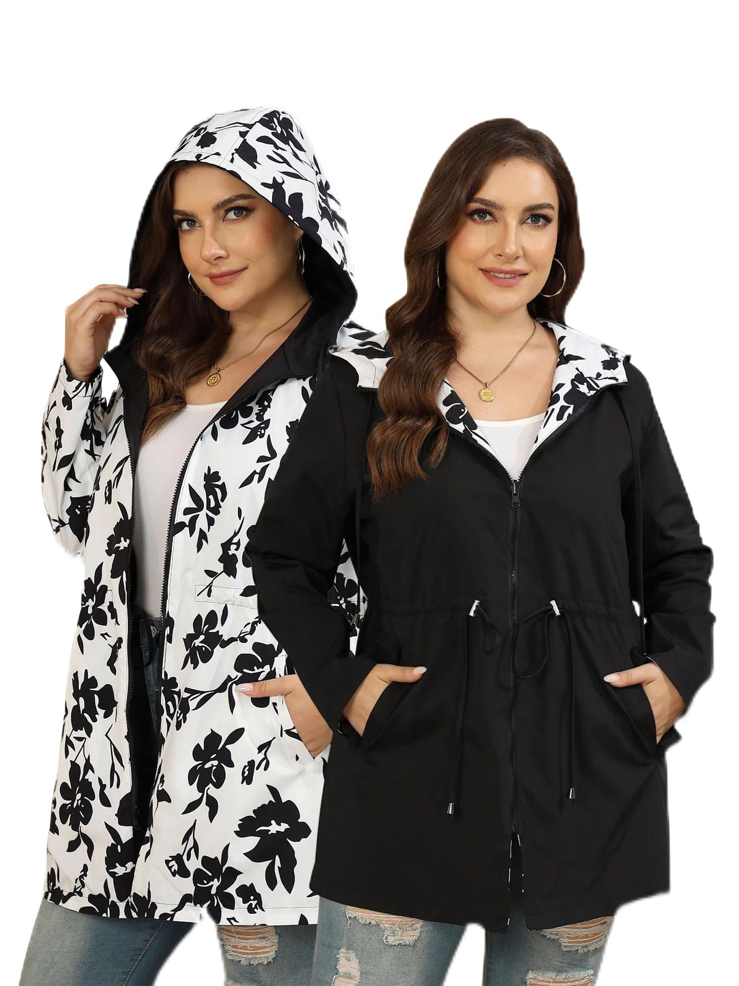 Veste de pluie pour femme - Grandes tailles - Réversible - Léger - Coupe-vent - Imperméable - Avec capuche - Veste de sport d'extérieur