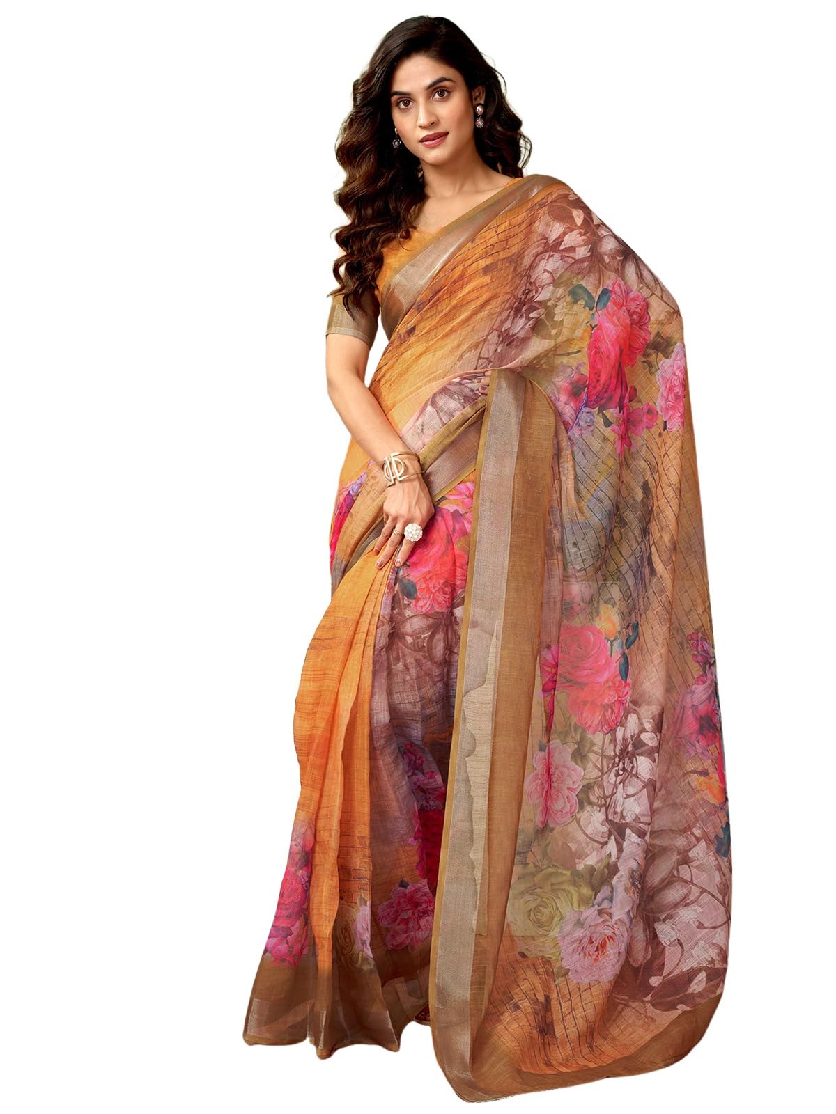 Satrani Women's Linen Zari Border Printed Ready To Wear One Minute Pre Pleated Readymade Saree With Unstitched Blouse Piece (33Rs311N_Dusty Orange)