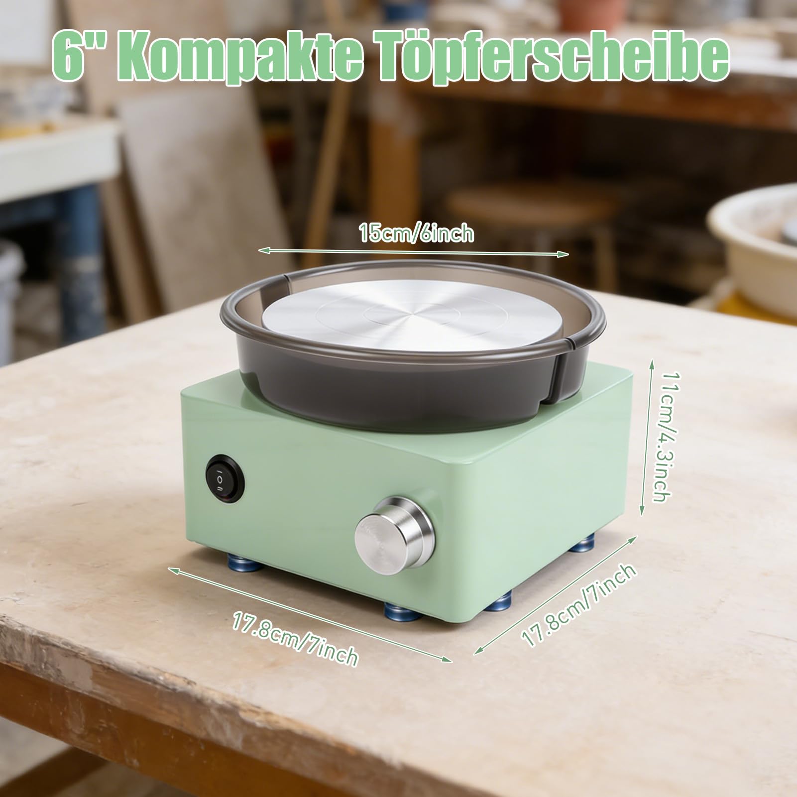 Mini Töpferscheiben Set, Töpferei DIY Maschine mit 15cm Drehscheibe, 2 Wege Rotation, Rutschfeste Basis, Metallrahmen, abnehmbarem Spritzschutz und Töpferwerkzeug Set für Anfänger