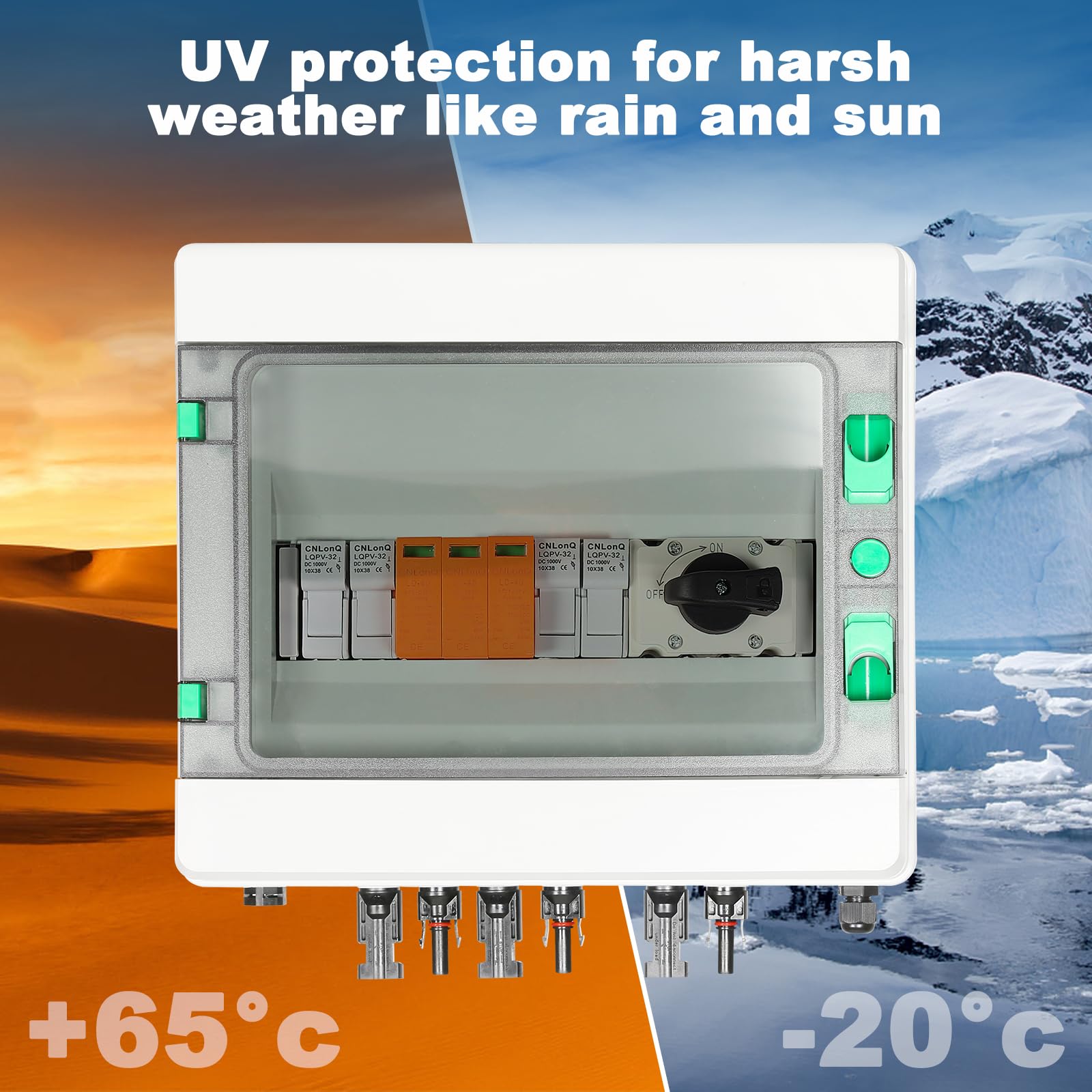 BuyWeek Scatola Combinatrice Fotovoltaica, Scatola di Distribuzione Solare IP65 Impermeabile con Fusibili da DC 15A, Interruttore di Isolamento 32A DC 1000V e Scaricatore 2P DC 1000V 40KA