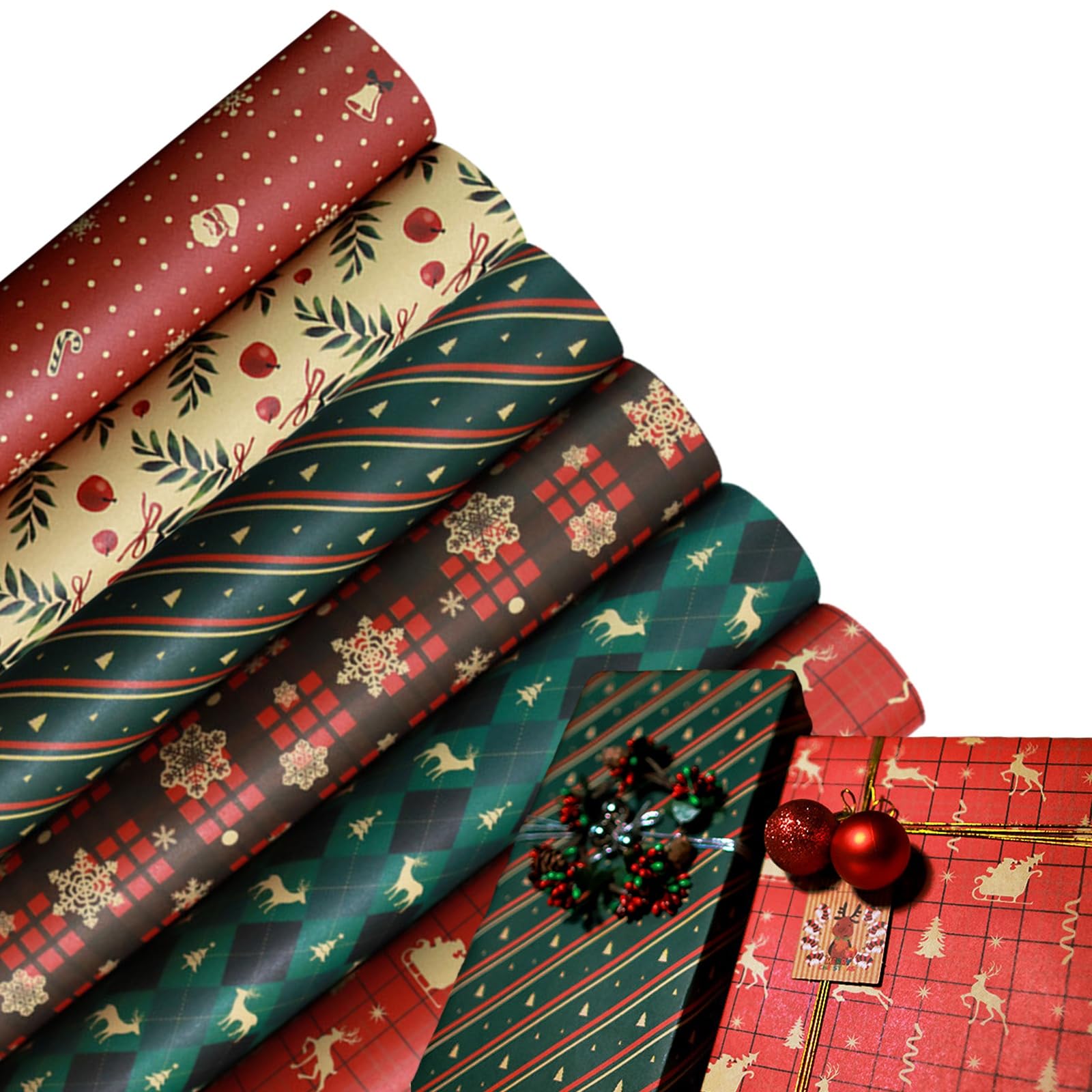 Christmas Wrapping Paper,70x50cm Recyclable Xmax Gift Wrapping Paper with 6 Vintage Designs,for Christmas, Festival Holiday Party,New Year,Birthday, Wedding, Party, Festival Gift Decorations