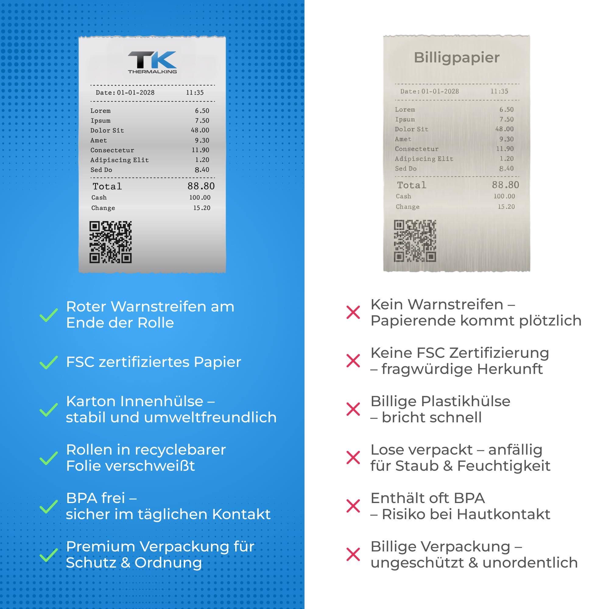 Thermorollen 80x80x12 mm Bonrollen BPA-frei 50 Stk f. Kasse | Geeignet für Drucksysteme mit Papierbedarf bis 80 m · BPA-frei · FSC · deutsche Marke · für POS-Kassen & Bondrucker
