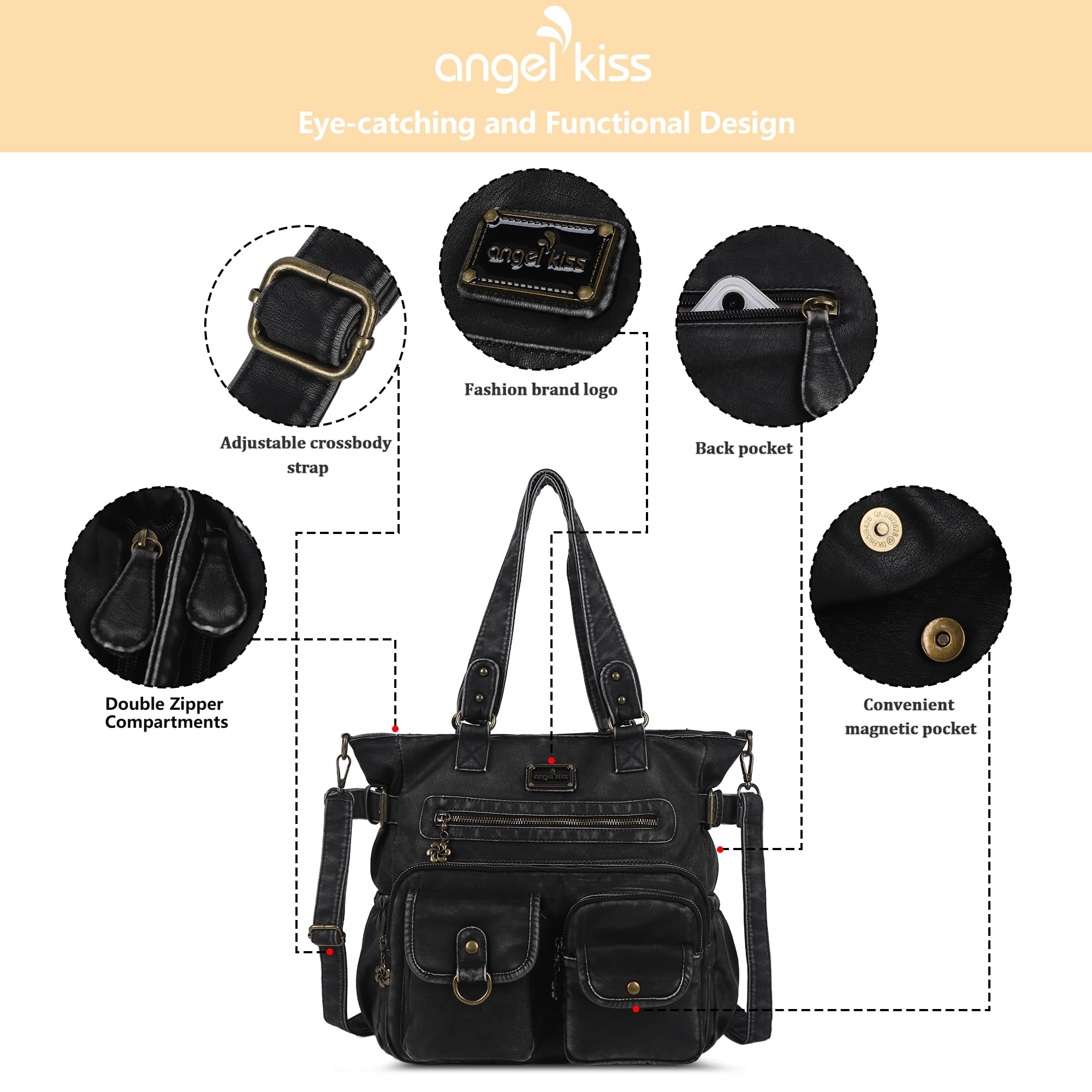 Angelkiss torebki dla kobiet PU tote tornister torby dla kobiet kieszenie torby na ramię