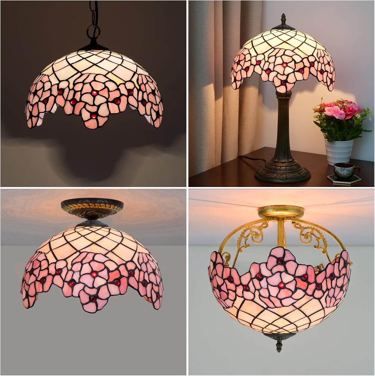 Tiffany Style Lamp Shade, 12 Inch Cherry Blossom Stained Glass Lamp Shade Replacement Pastoral Lamp Cover Accessories Fit for Table Lamp Pendant Light Ceiling Light