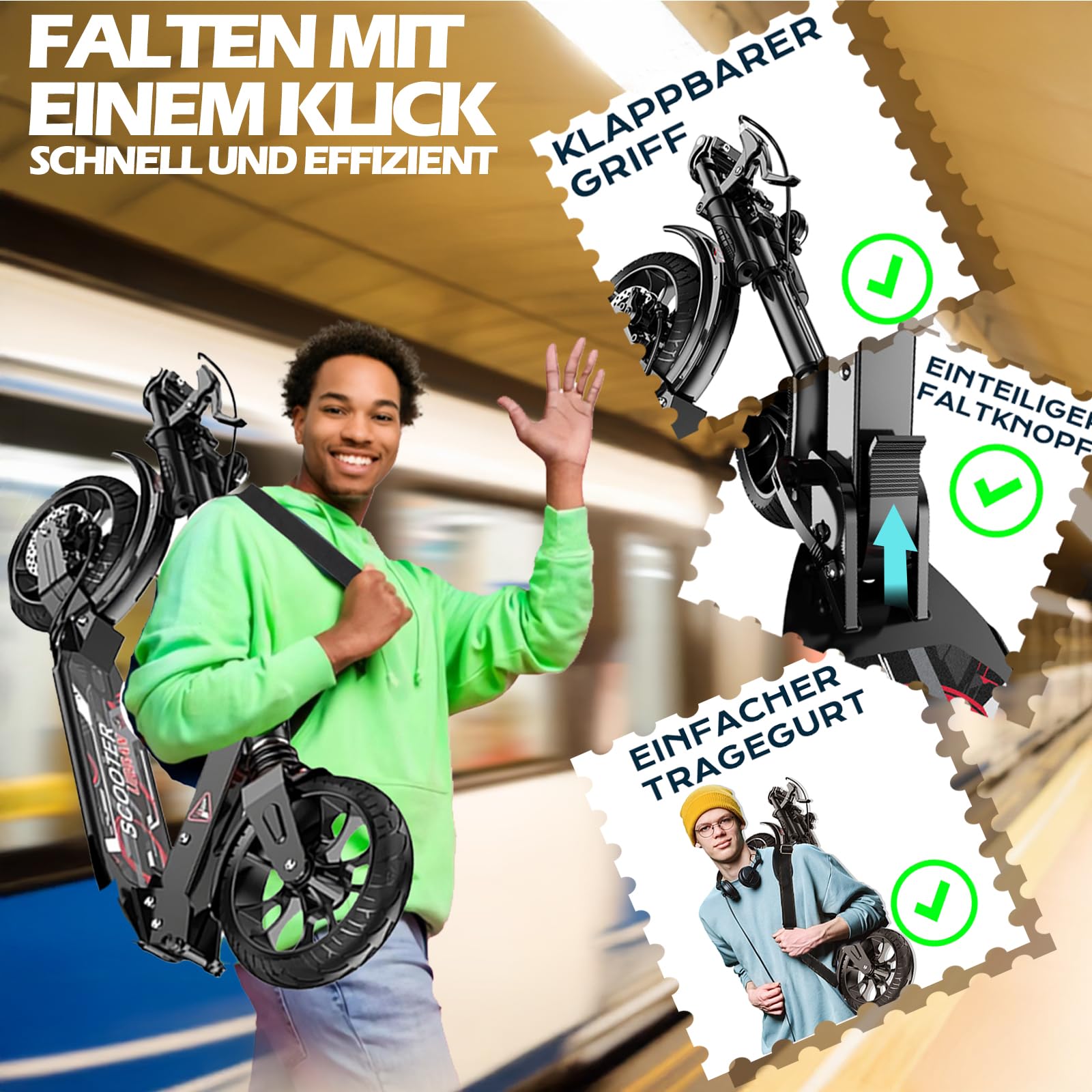 Faltbarer Scooter Pro, Roller für Erwachsene bis 150kg Verstellbar Scooter, ABEC-9 Lagern, Roller Kinder- Klappbar Lenker hinterradbremse und Stoßdämpfer, 4-Fach Höhenverstellbar