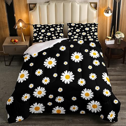 Erosebridal Daisy Conjuntos de edredón tamaño doble para niños niñas adolescentes mujeres blancas flores plumas edredón rústico floral juego de cama