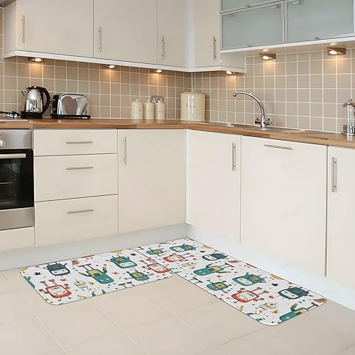 Miniatura 2 de Antifatigue Kitchen Mats for Floor 2 Piece - Cute Colorful Robot Print Kitchen Rugs Washable, Non Slip Runner Rug Standing Mat for