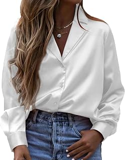 Silunma2021 Women's Satin V-Neck Loose Shirts Solid Color Breathable Long Sleeves Shirts Turn-Down Collar Soft Blouse Top