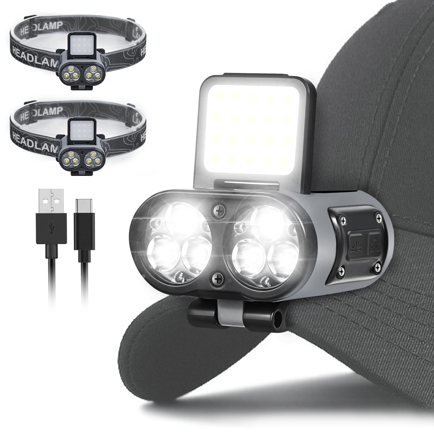LED Hat Light, 2 pcs 900lm Dimmable Clip on Cap Lights, Headlamp Rechargeable, 180°Adjustable Hands Free Hat Flashlight Headlamp Waterproof for Hiking