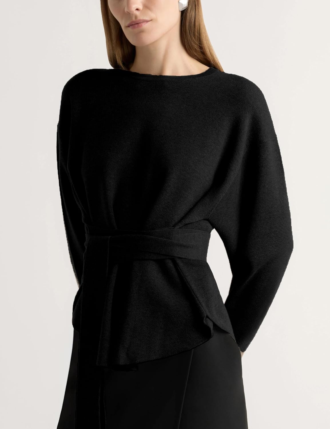 Yeokou Women Tie Front Sweater Soft Loose Long Sleeve Crew Neck Belt Knit Pullover Top Office Dressy - Image 5