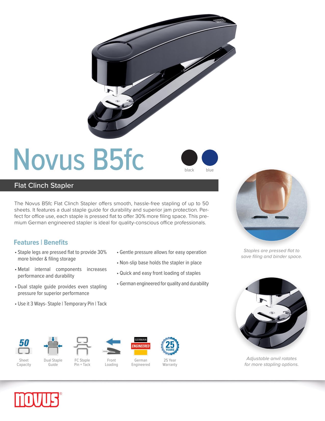 Novus B 5 FC Heftgerät (50 Blatt, Flachheftung, 90 mm Einlegetiefe, inkl. 200 Heftklammern) schwarz
